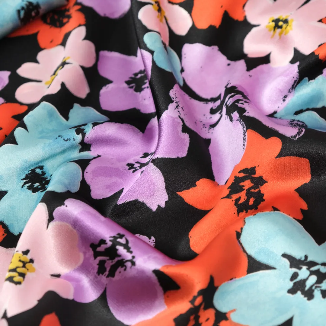Candy Blossom Poly Satin - Black/Lavender/Ice Blue