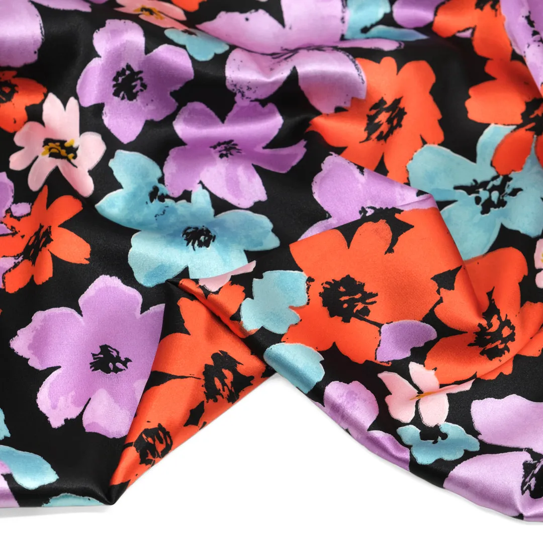 Candy Blossom Poly Satin - Black/Lavender/Ice Blue