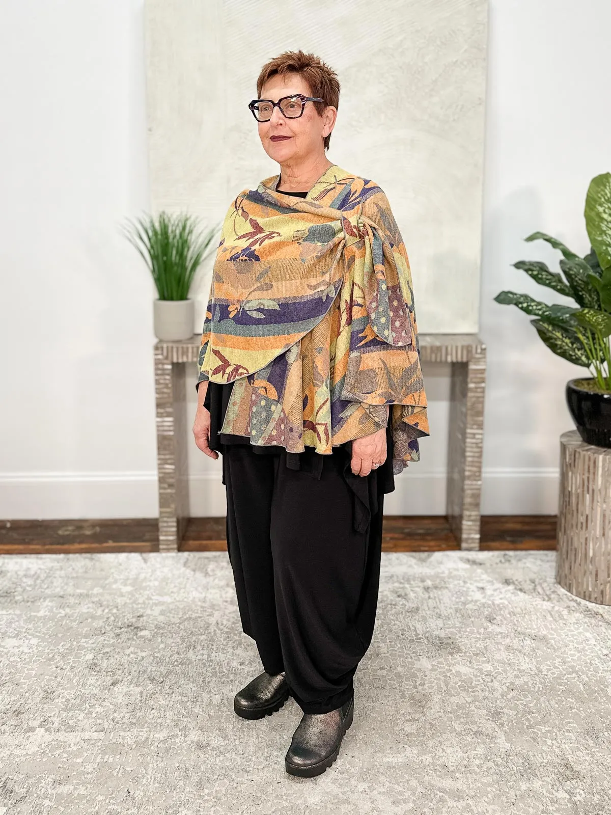 Cashmere Reversible Buckle Shawl, Striped Floral Blue Multi