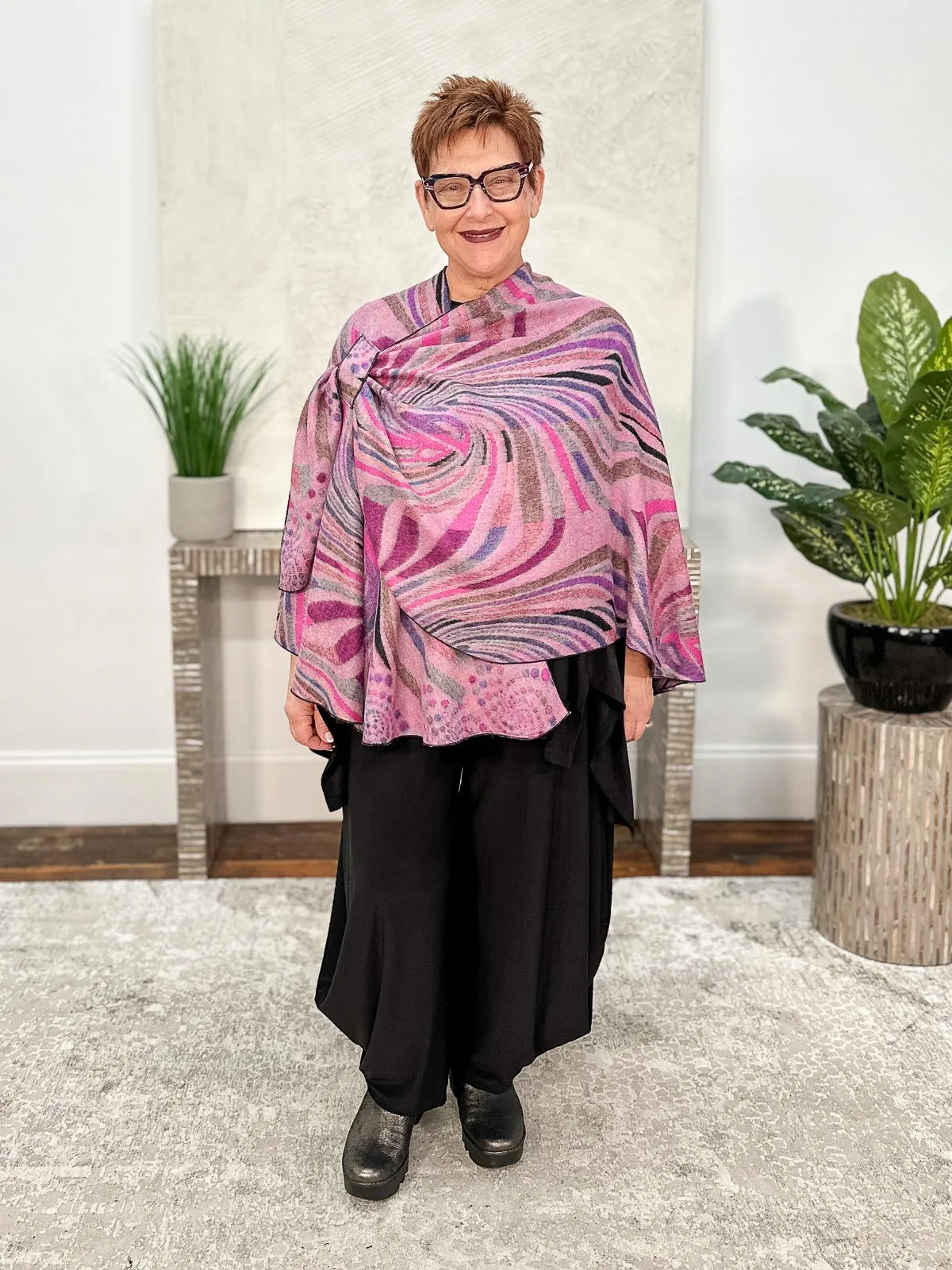 Cashmere Reversible Buckle Shawl, Swirls Black Multi