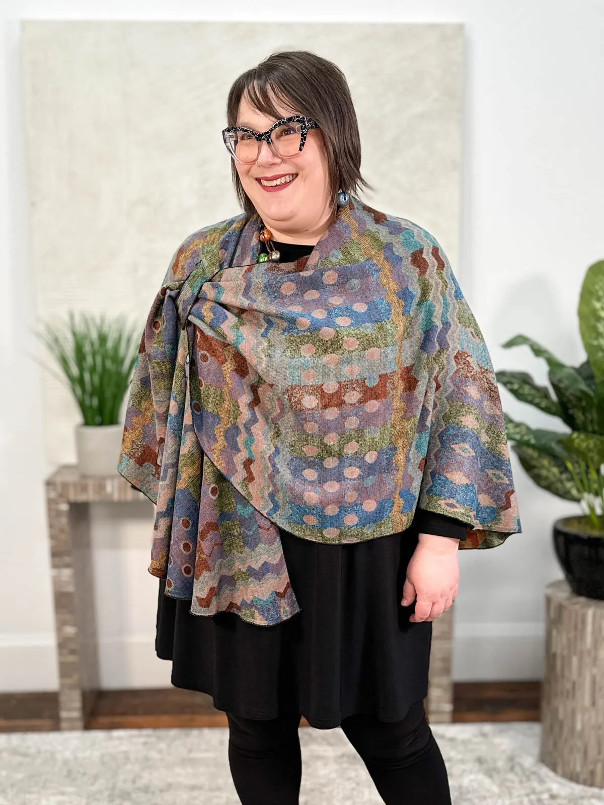 Cashmere Reversible Buckle Shawl, Zig Zag Dots Rust Multi