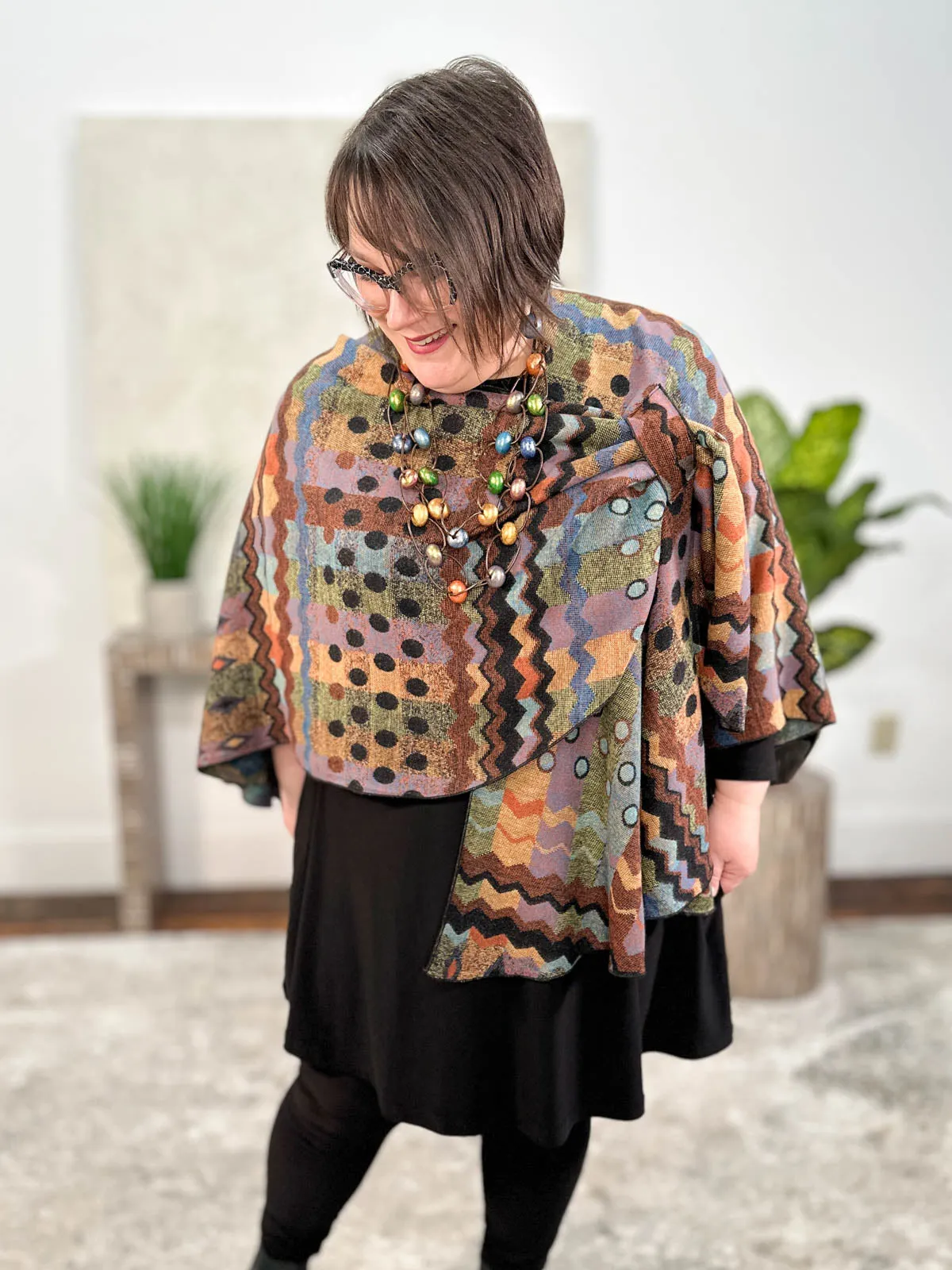 Cashmere Reversible Buckle Shawl, Zig Zag Dots Rust Multi