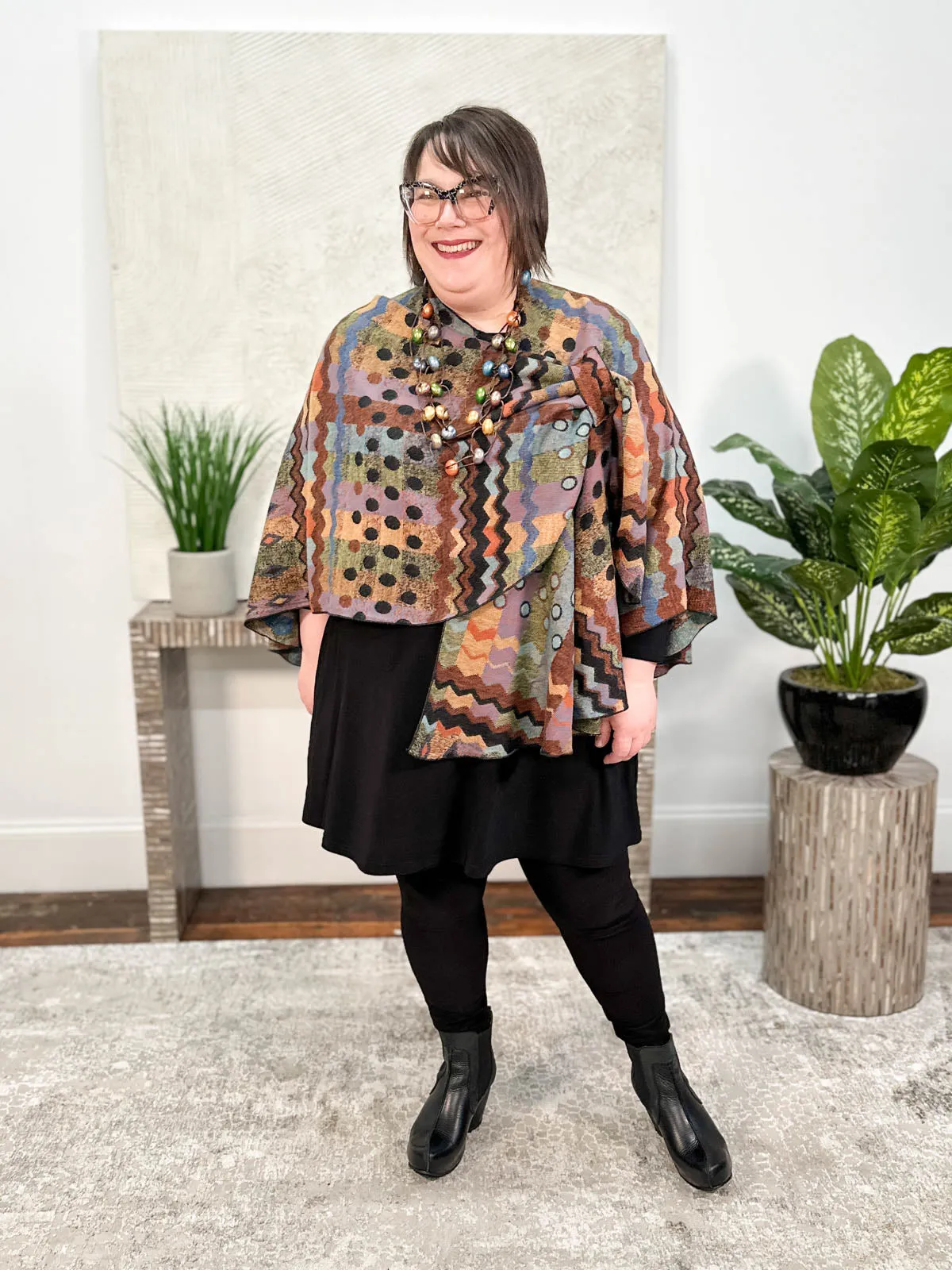 Cashmere Reversible Buckle Shawl, Zig Zag Dots Rust Multi
