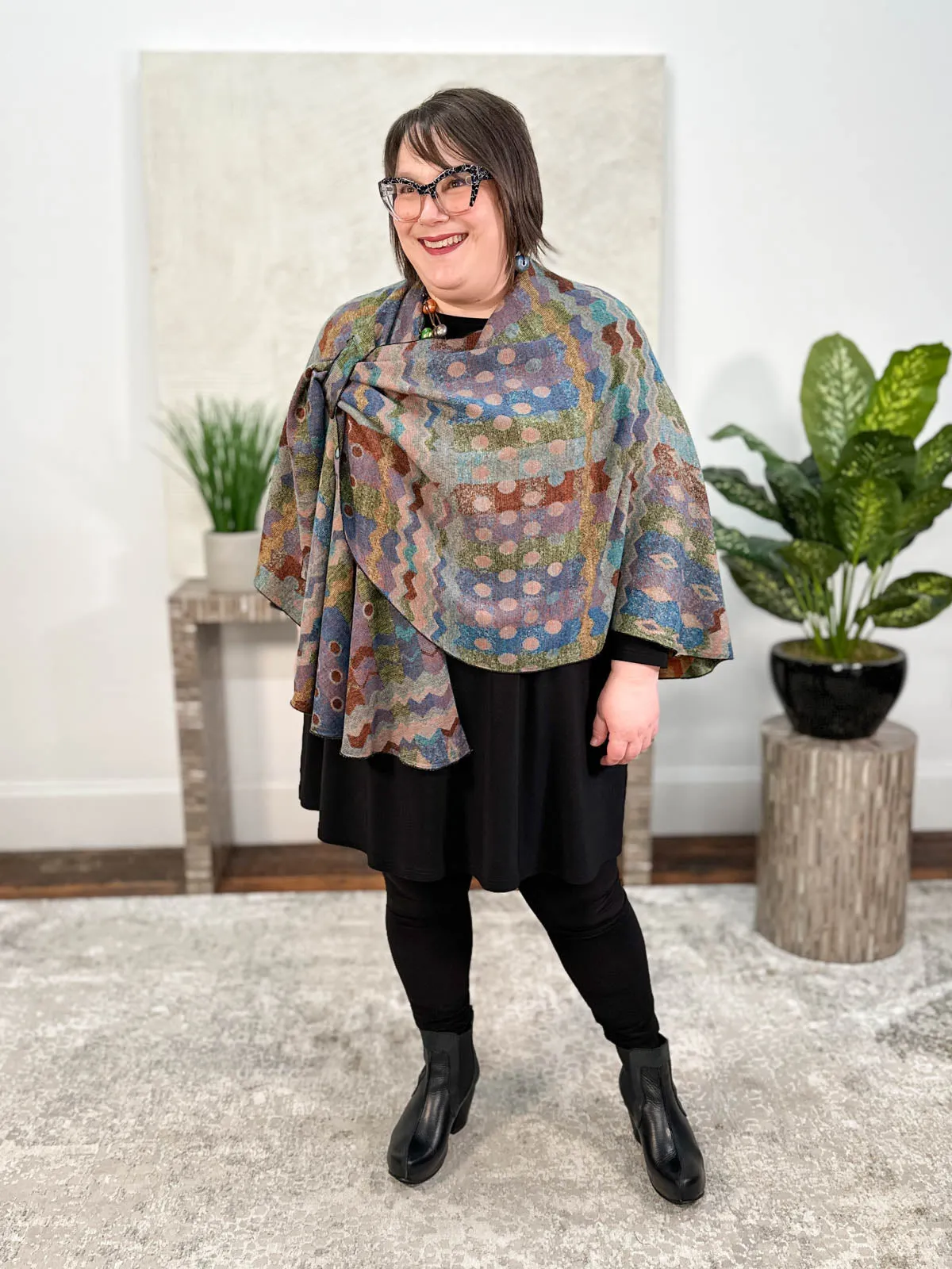 Cashmere Reversible Buckle Shawl, Zig Zag Dots Rust Multi