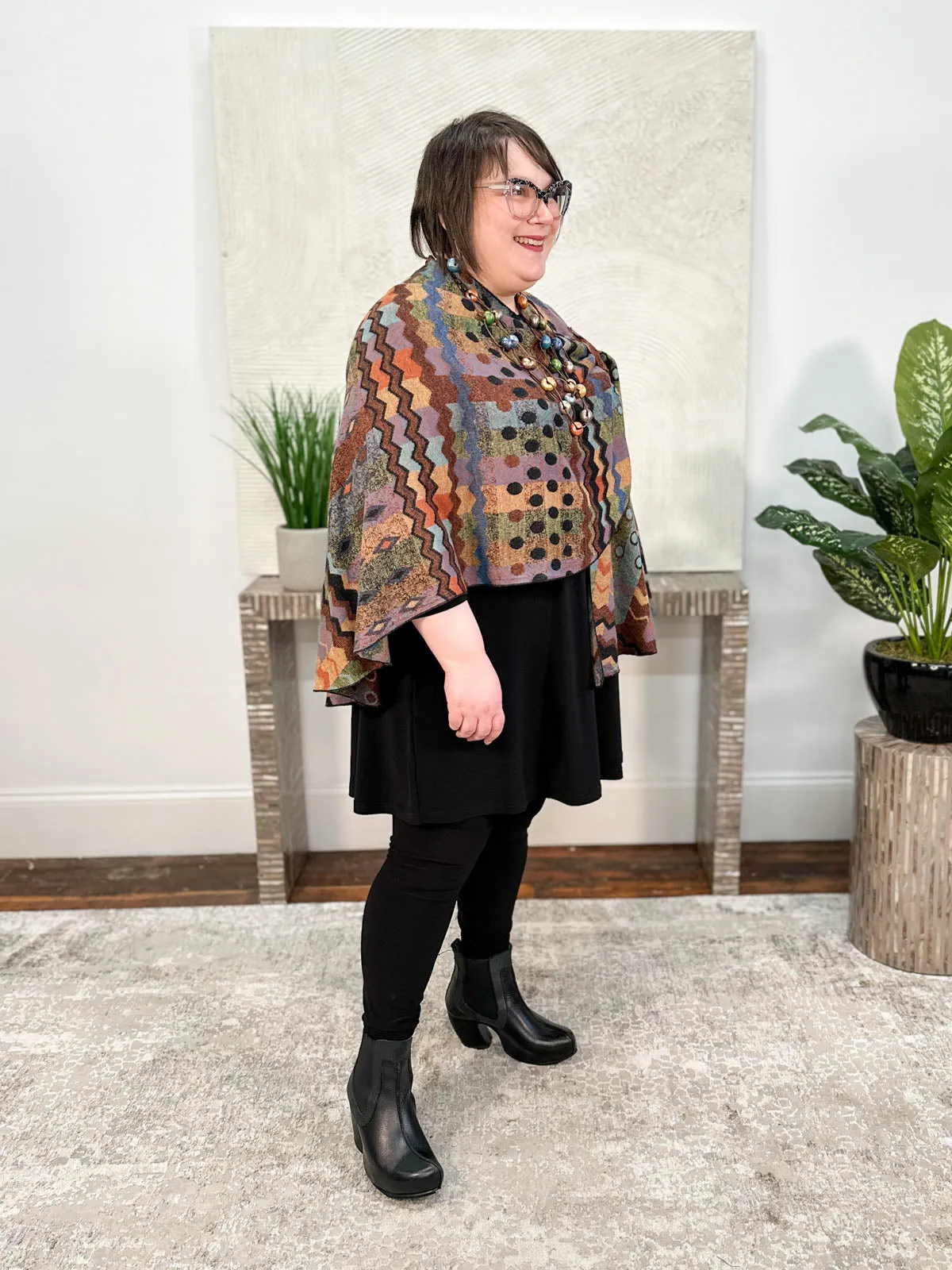 Cashmere Reversible Buckle Shawl, Zig Zag Dots Rust Multi
