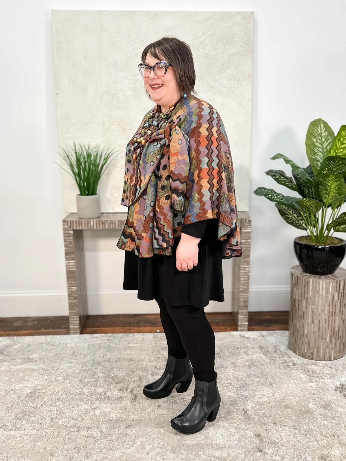 Cashmere Reversible Buckle Shawl, Zig Zag Dots Rust Multi