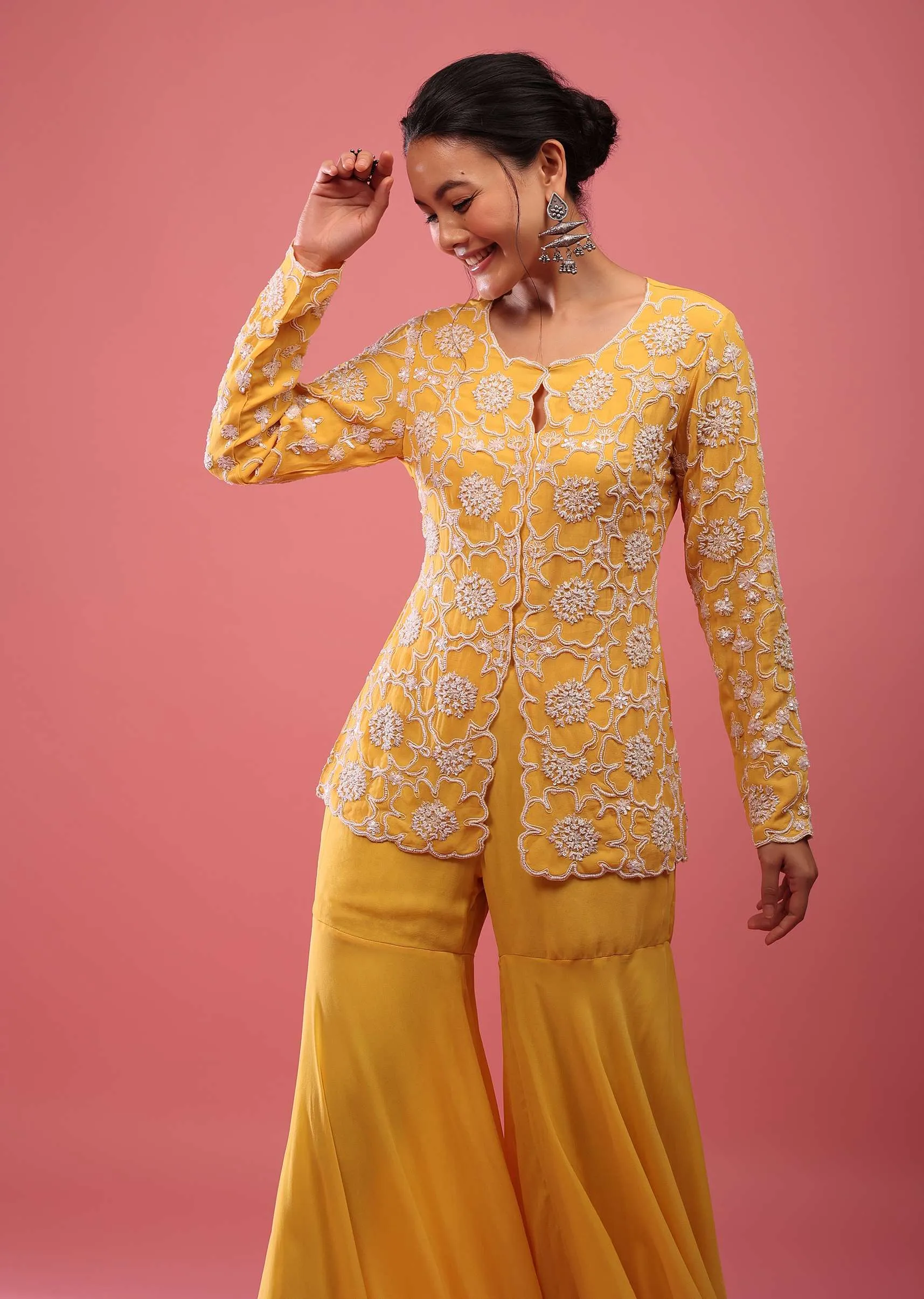Chrome Yellow Sharara Suit In Georgette With Fully Embroidered Top And Flowy Pants