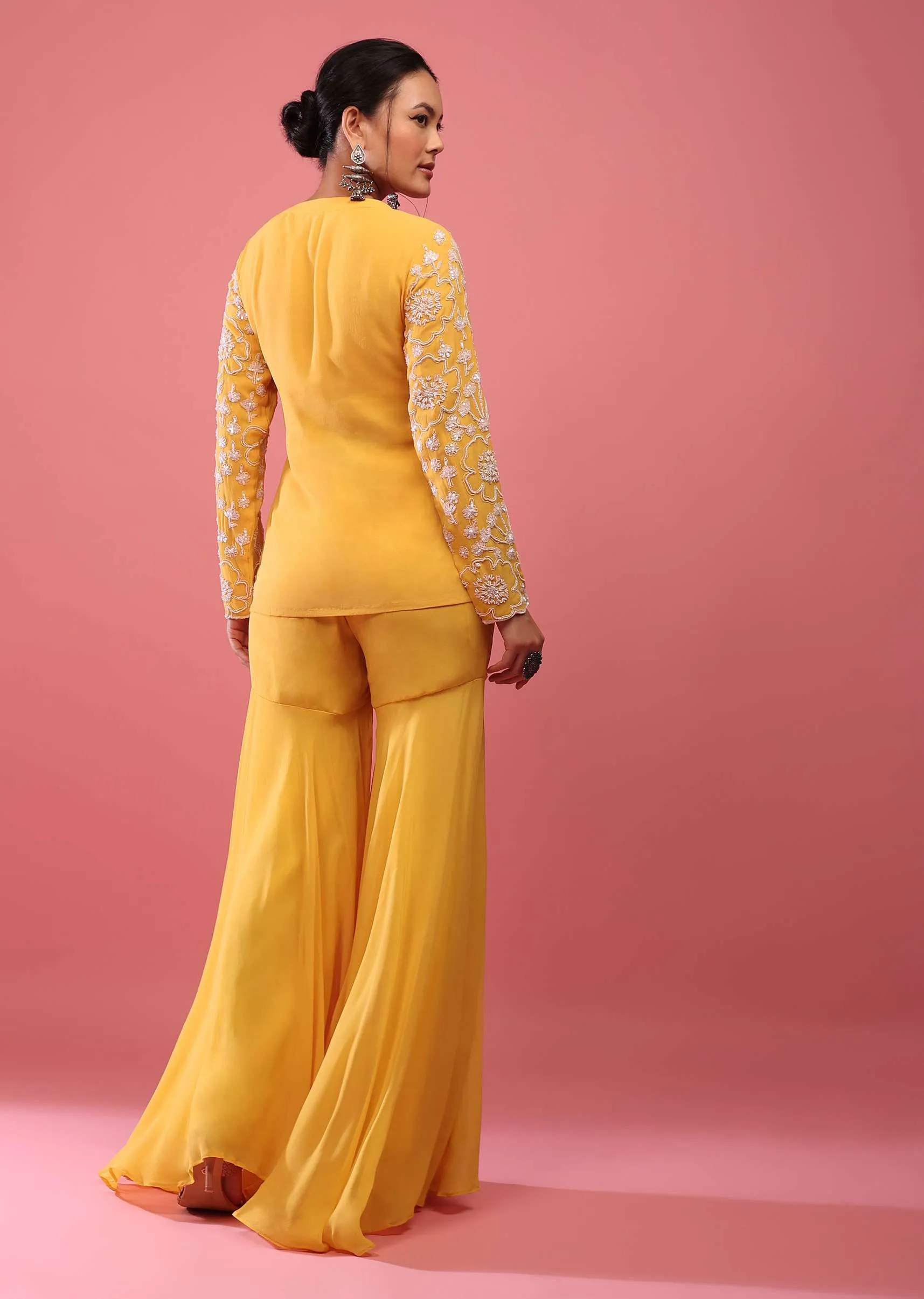 Chrome Yellow Sharara Suit In Georgette With Fully Embroidered Top And Flowy Pants