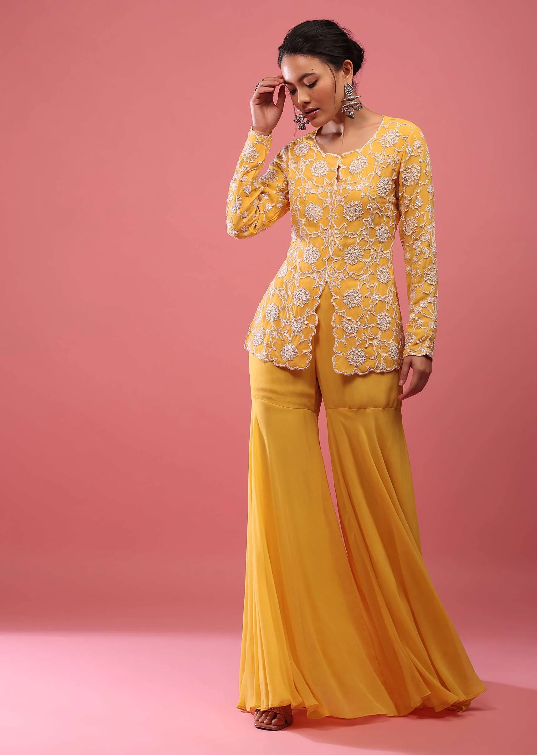 Chrome Yellow Sharara Suit In Georgette With Fully Embroidered Top And Flowy Pants