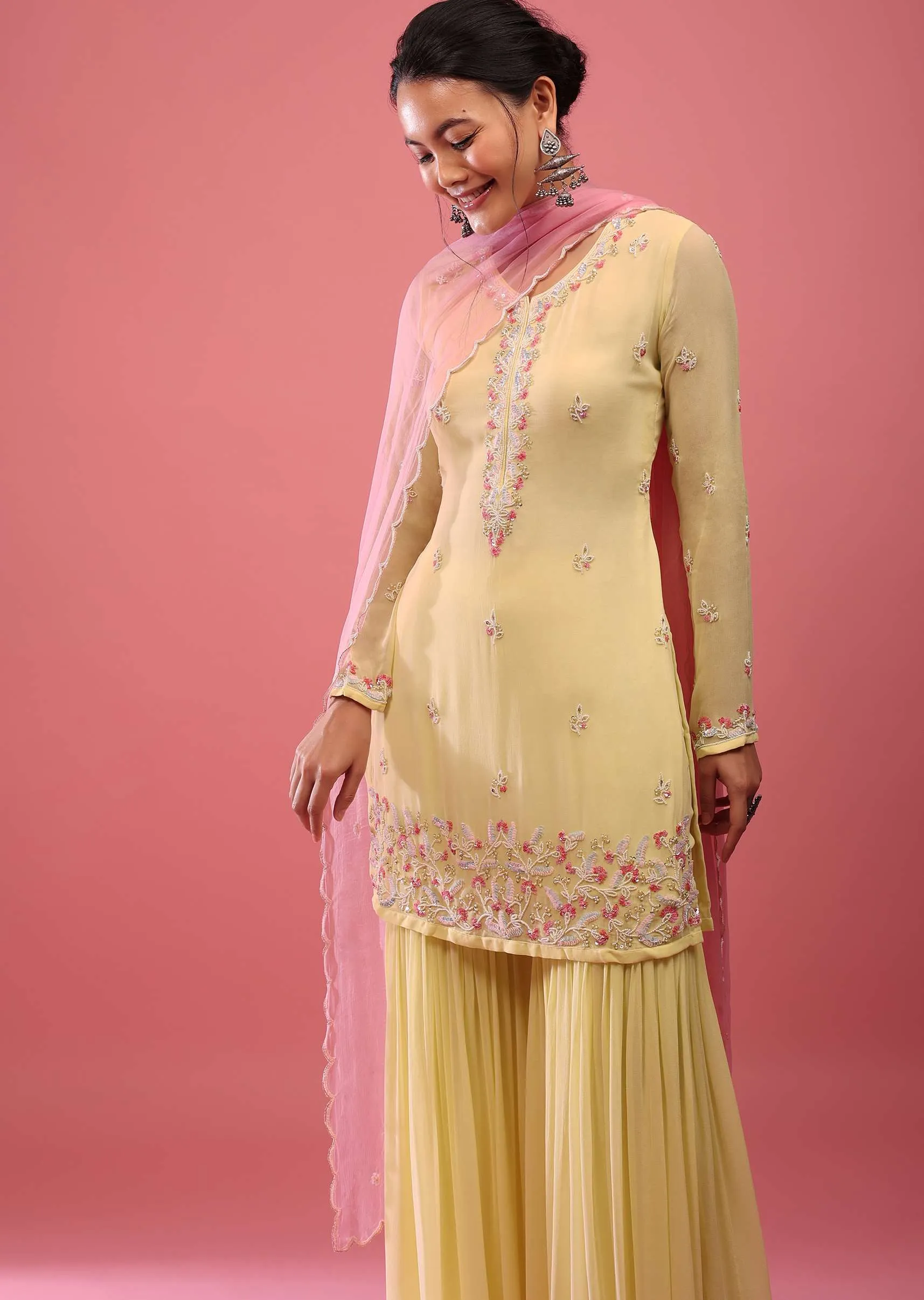 Daffodil Yellow Sharara Suit In Georgette With Embroidery In Moti And Sequin