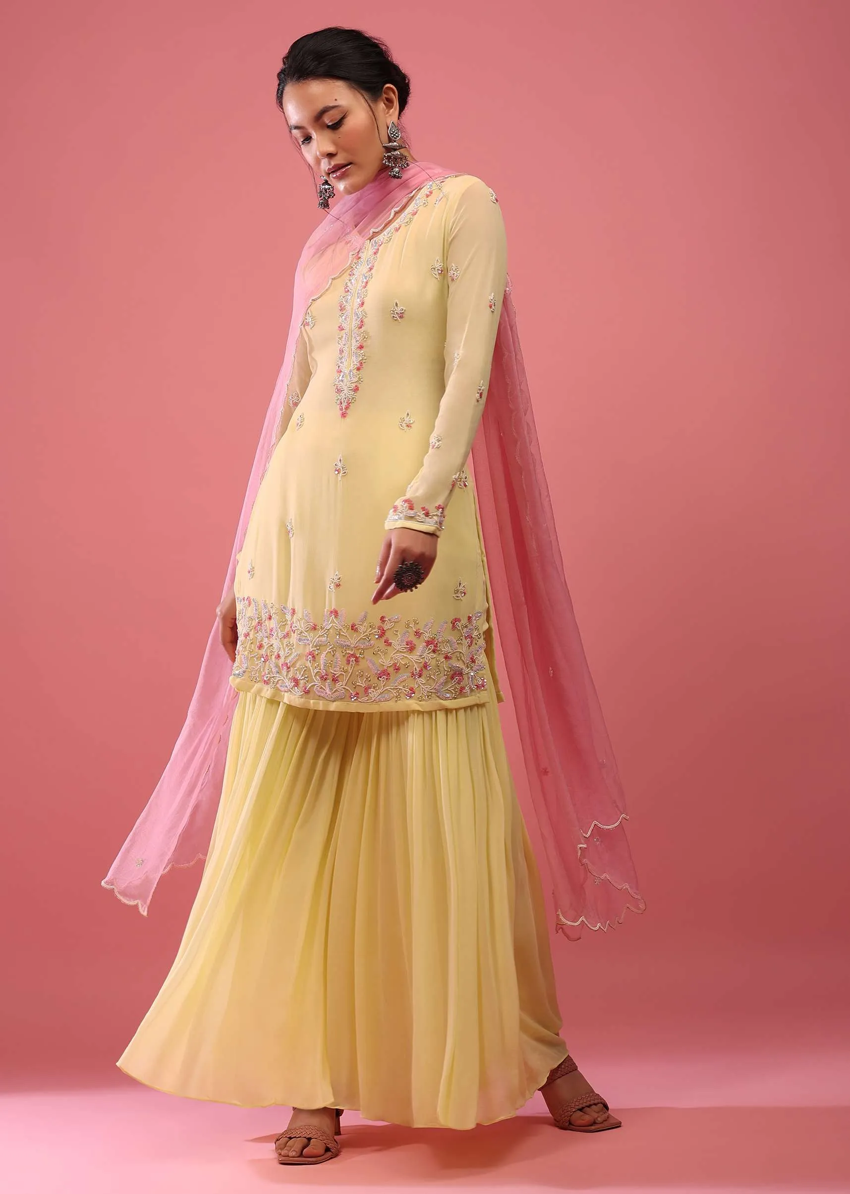 Daffodil Yellow Sharara Suit In Georgette With Embroidery In Moti And Sequin