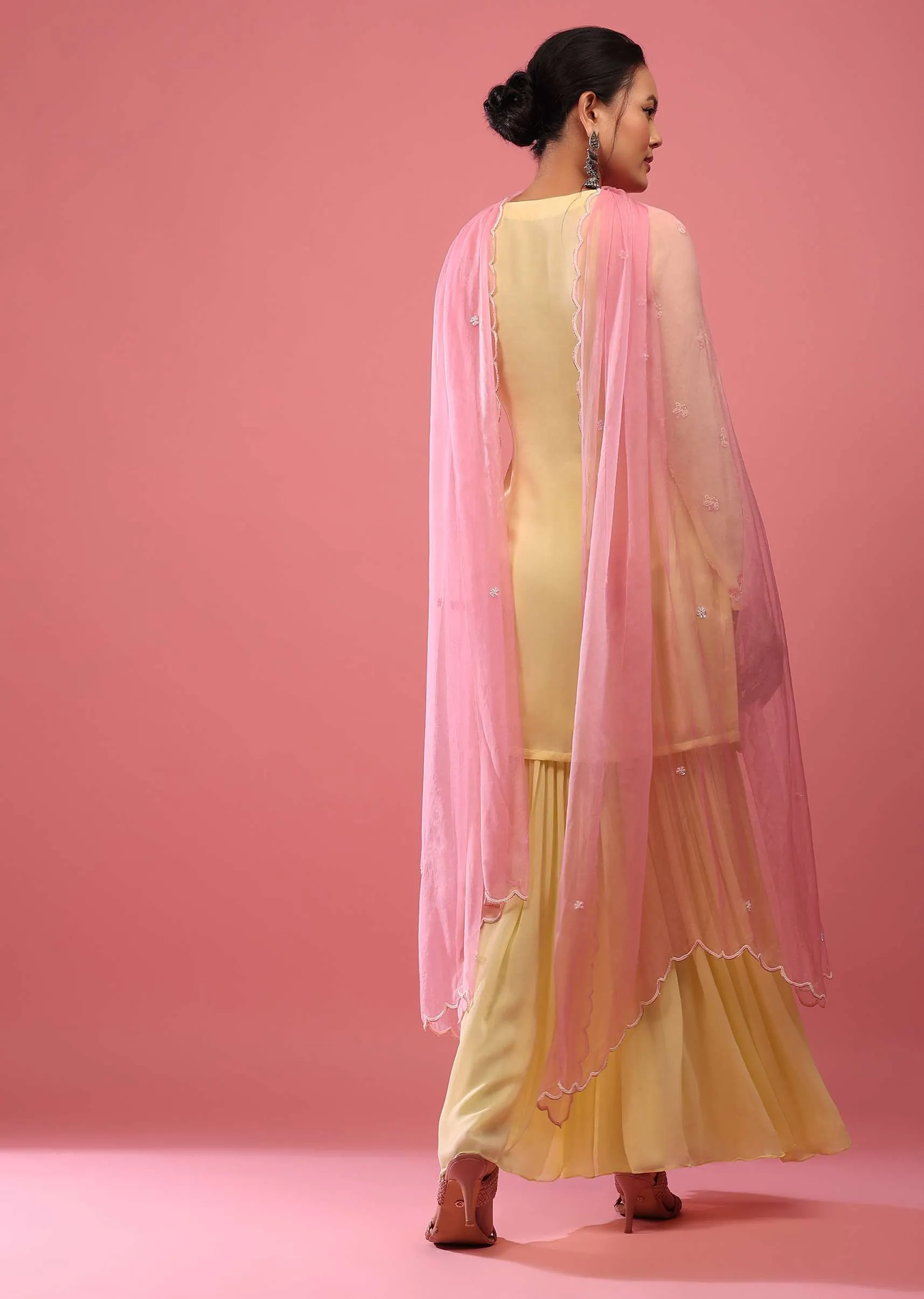 Daffodil Yellow Sharara Suit In Georgette With Embroidery In Moti And Sequin