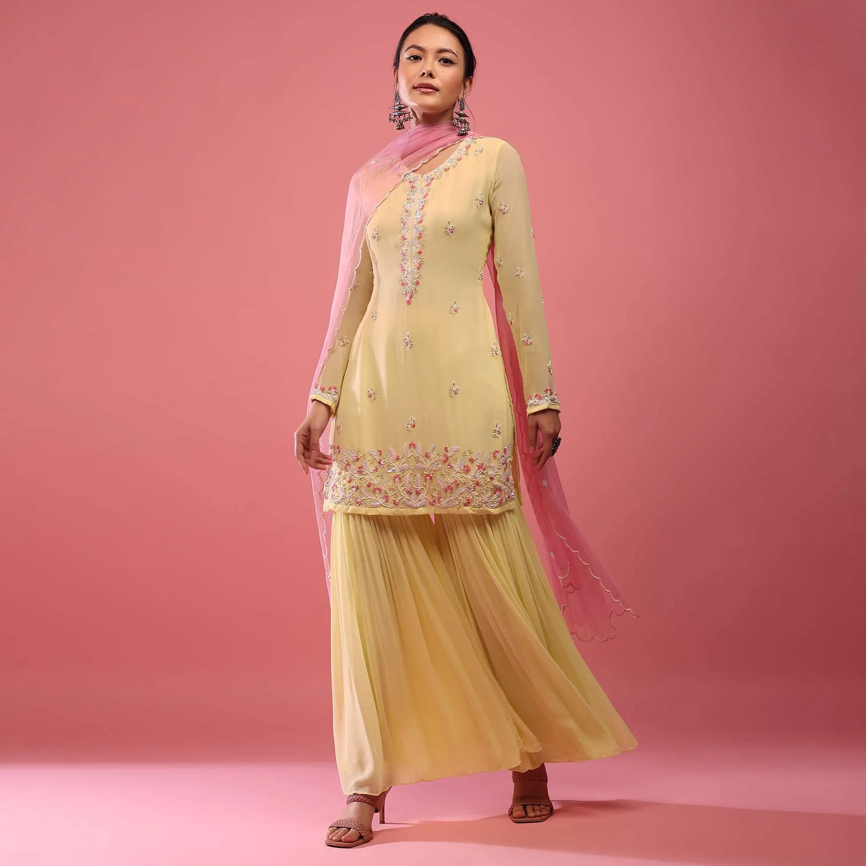 Daffodil Yellow Sharara Suit In Georgette With Embroidery In Moti And Sequin