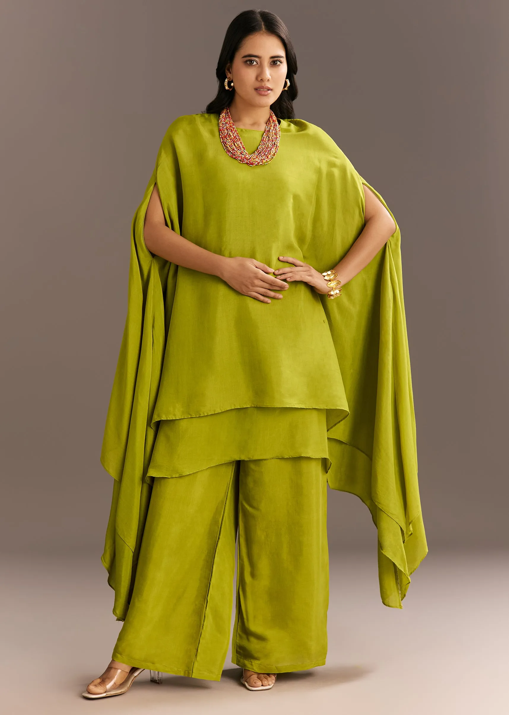 Green Asymmetrical Kurta Palazzo Set With Colorful Beaded Neckpiece