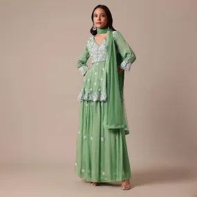 Green Chiffon Peplum Kurta Palazzo Set With Embroidery