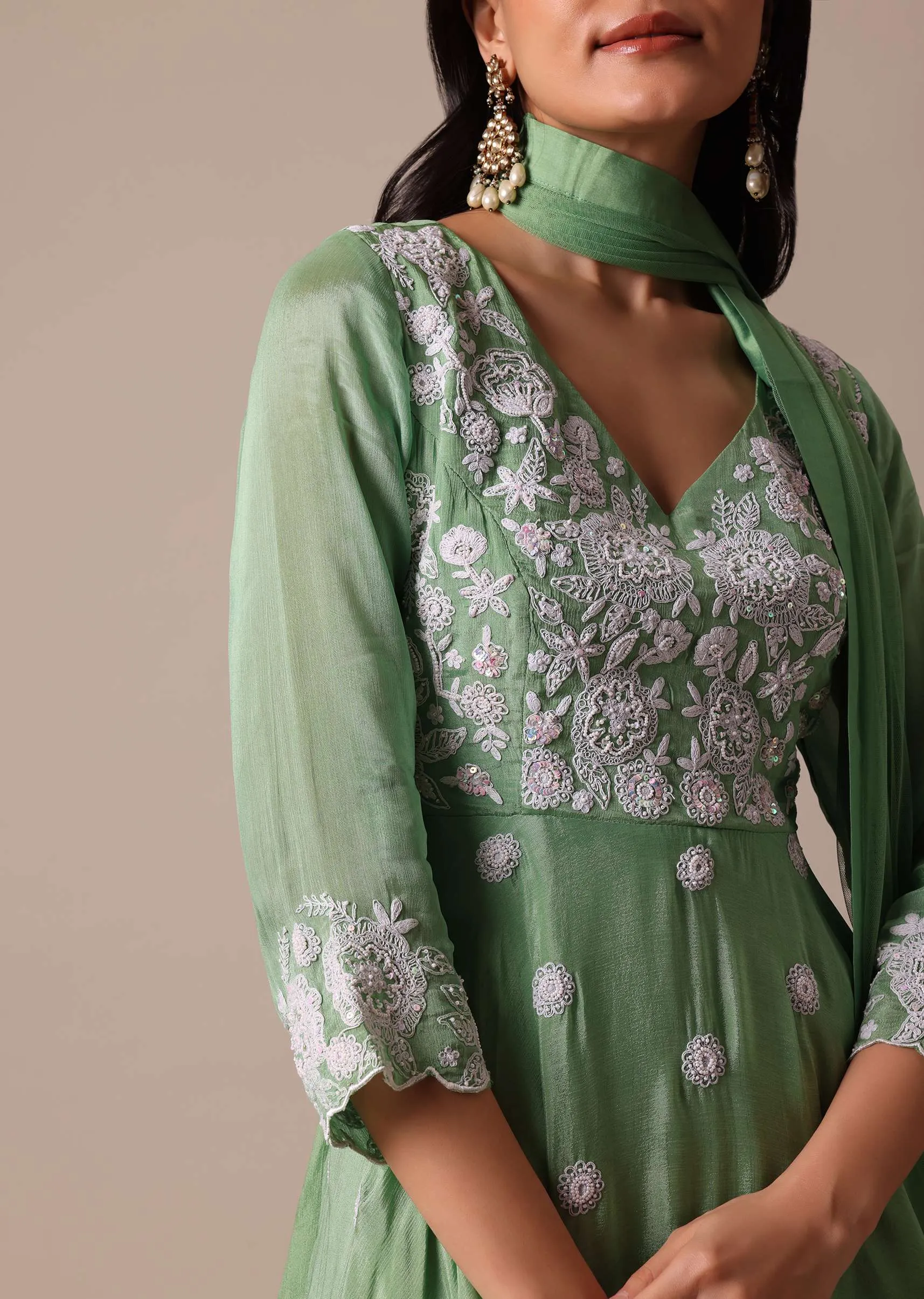 Green Chiffon Peplum Kurta Palazzo Set With Embroidery