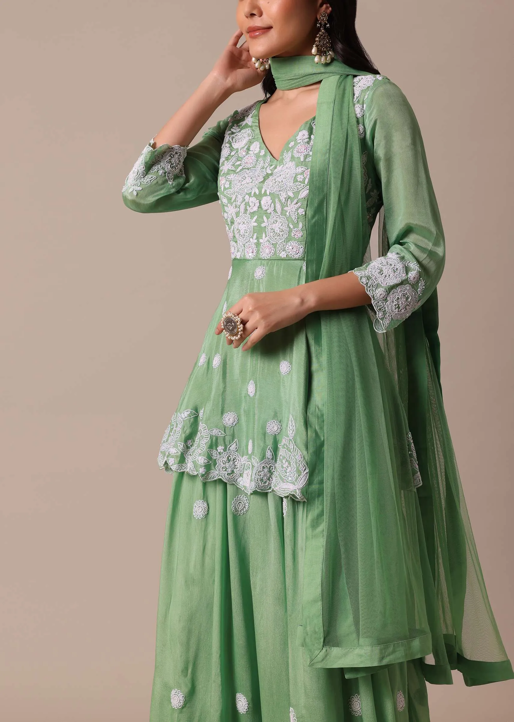 Green Chiffon Peplum Kurta Palazzo Set With Embroidery