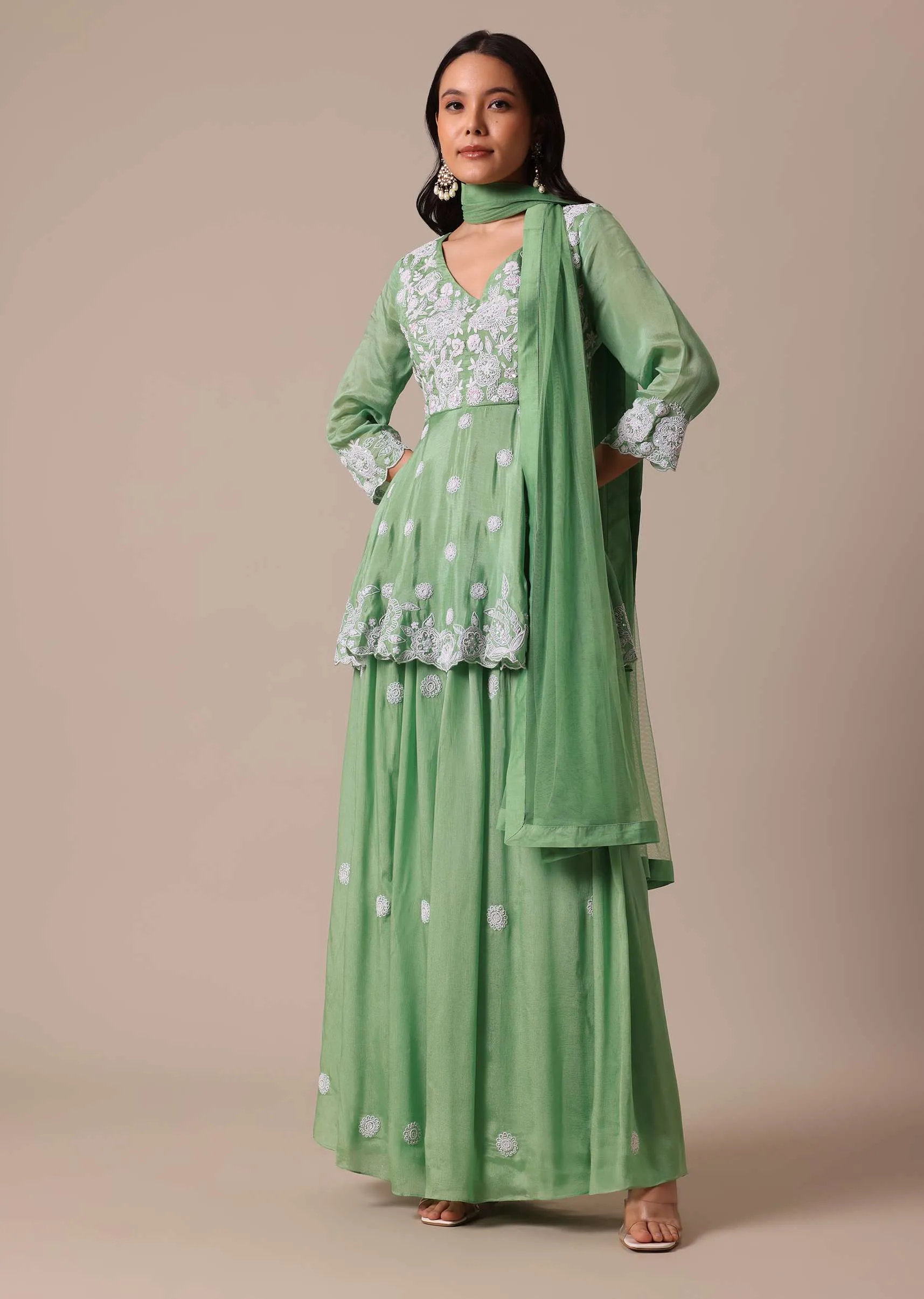 Green Chiffon Peplum Kurta Palazzo Set With Embroidery