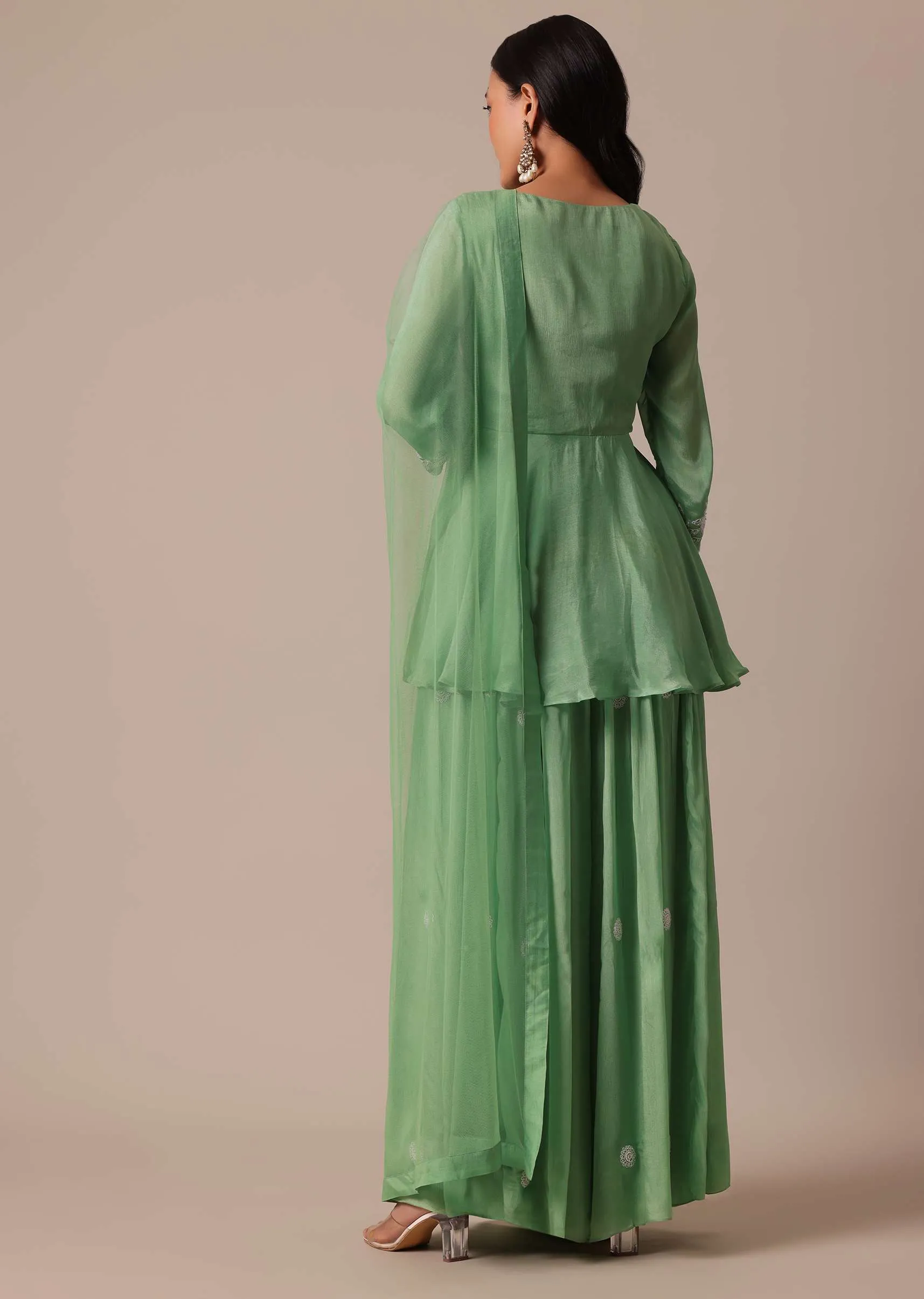 Green Chiffon Peplum Kurta Palazzo Set With Embroidery