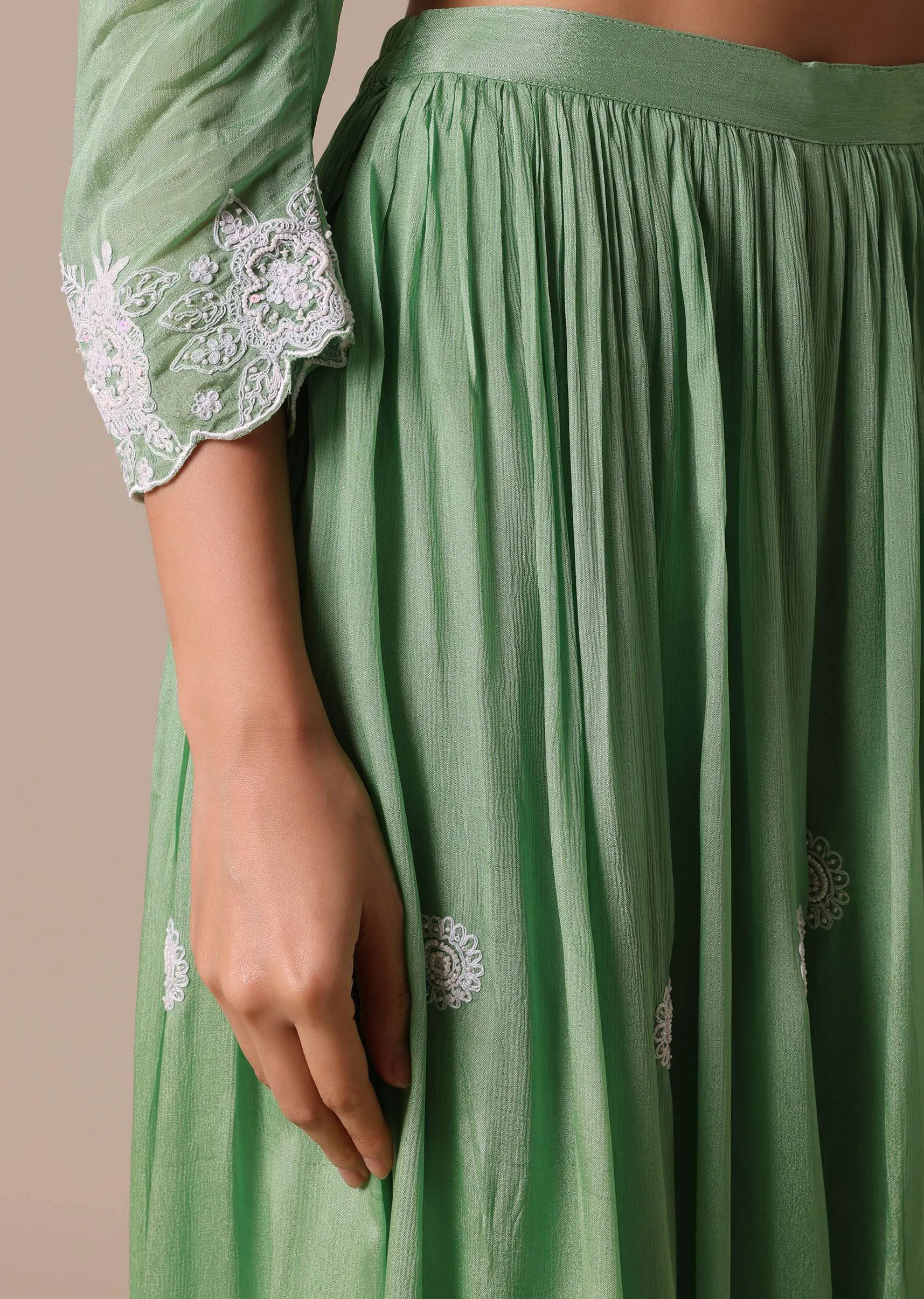 Green Chiffon Peplum Kurta Palazzo Set With Embroidery