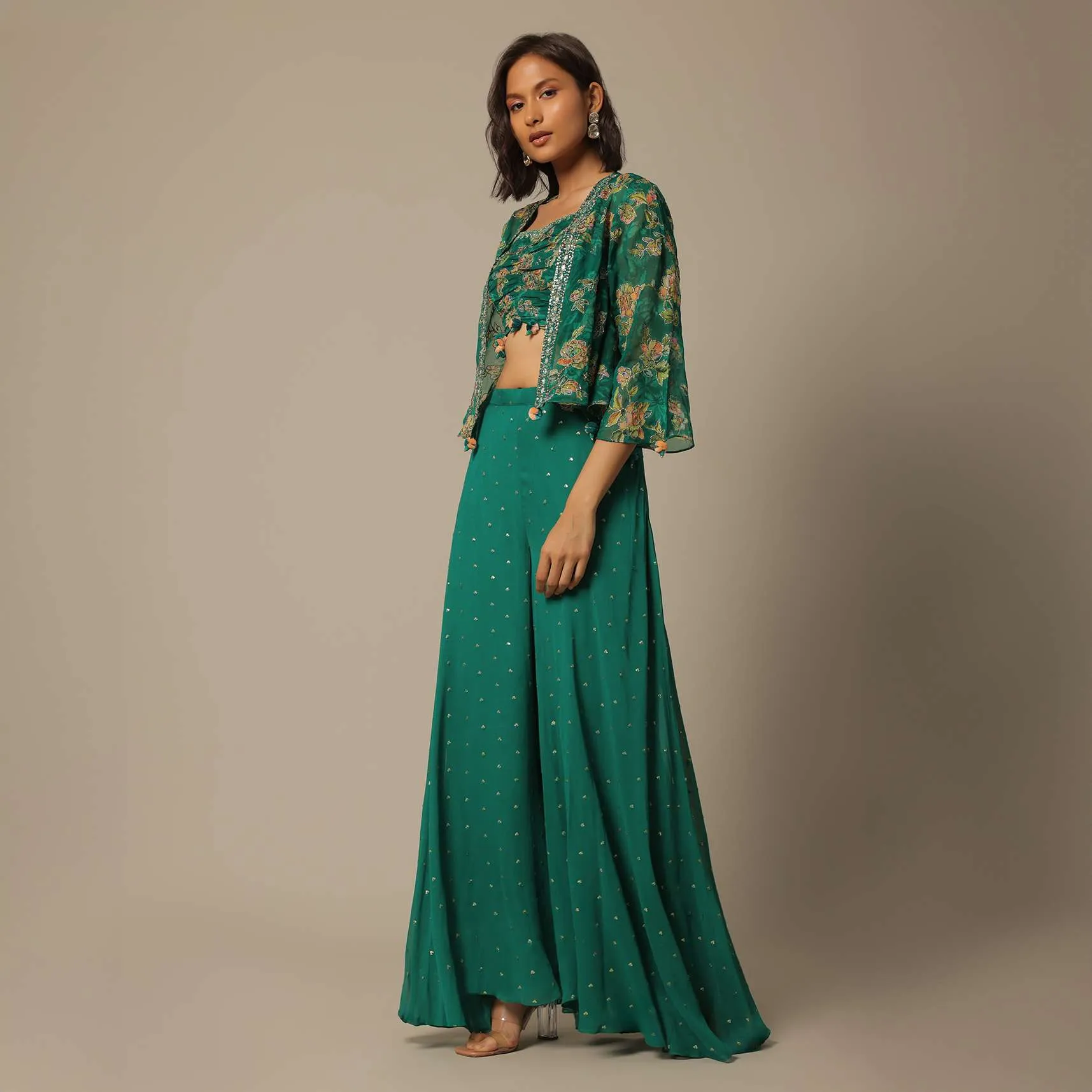 Green Crop Top Set With Sequin Embellishments