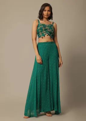 Green Crop Top Set With Sequin Embellishments