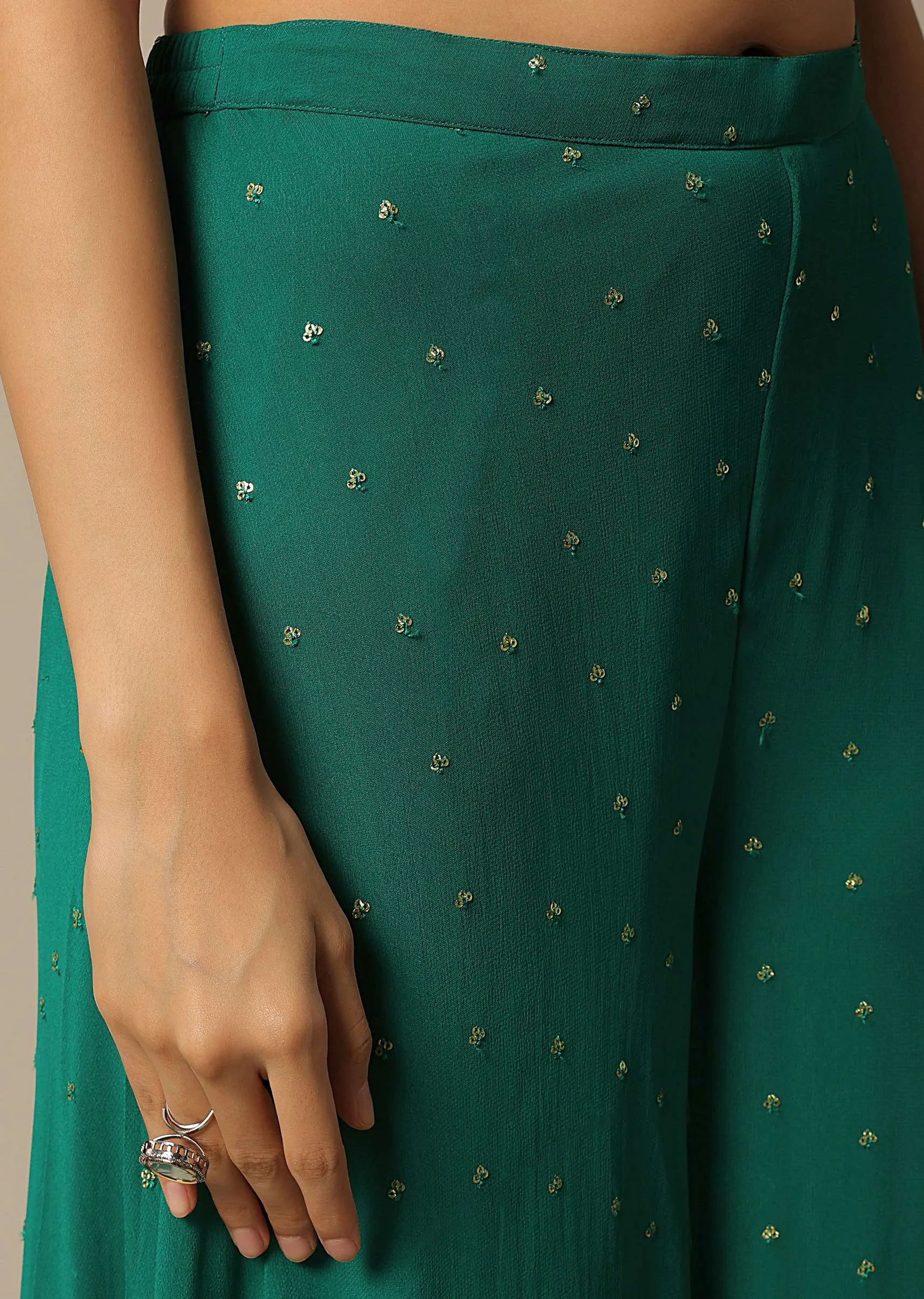 Green Crop Top Set With Sequin Embellishments