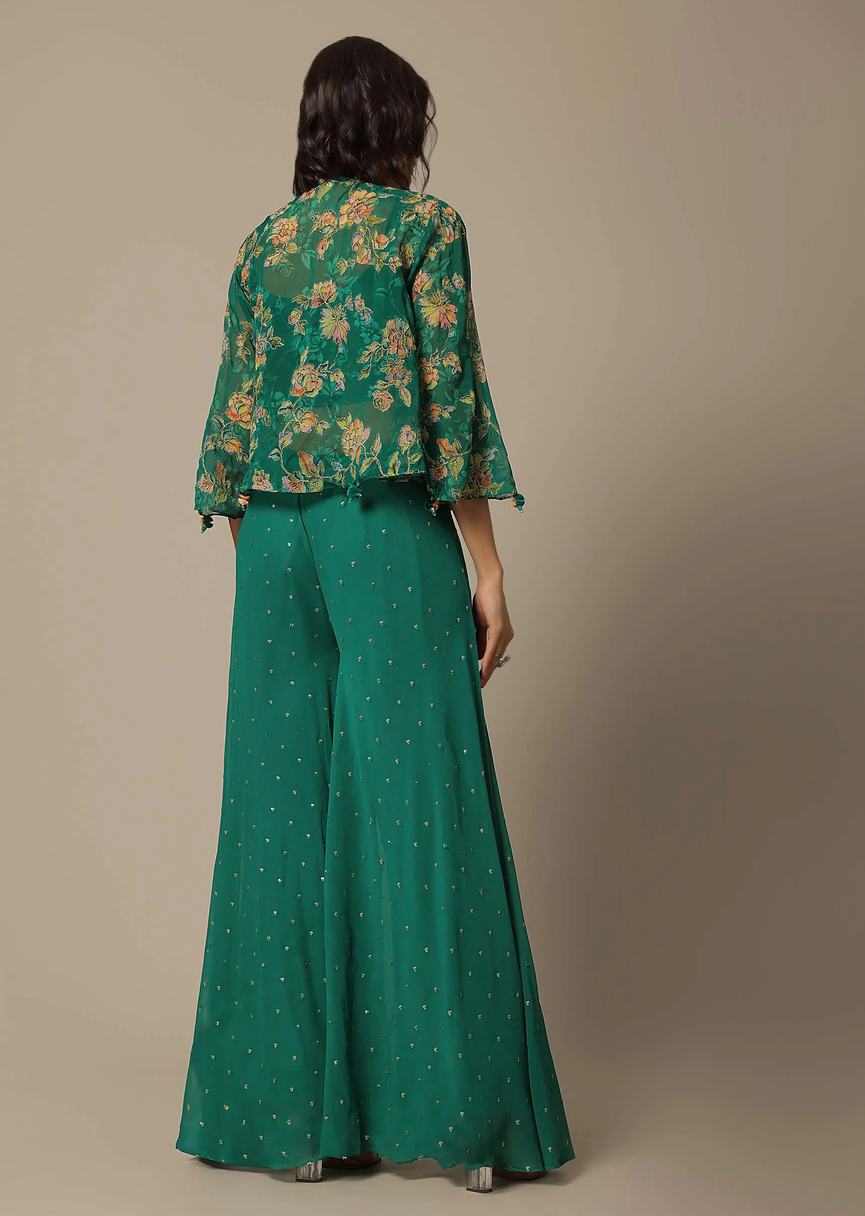 Green Crop Top Set With Sequin Embellishments