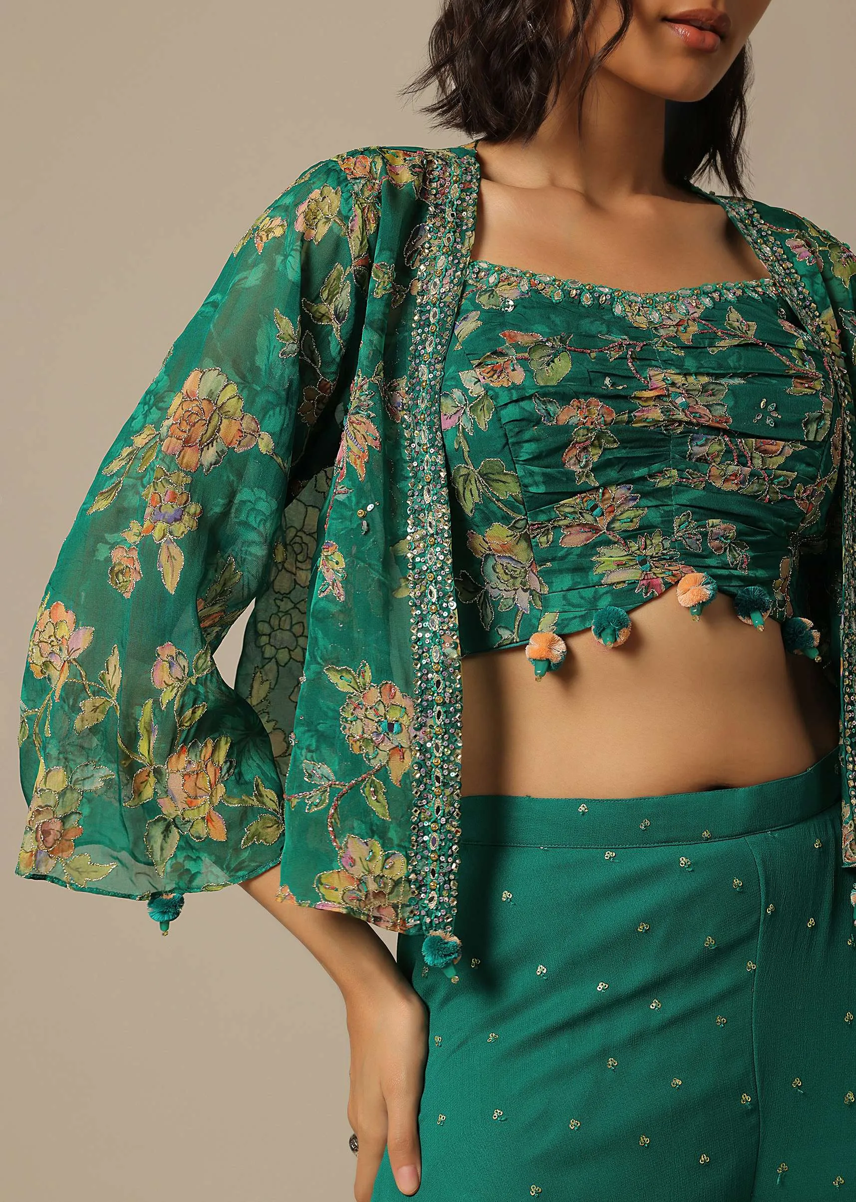 Green Crop Top Set With Sequin Embellishments