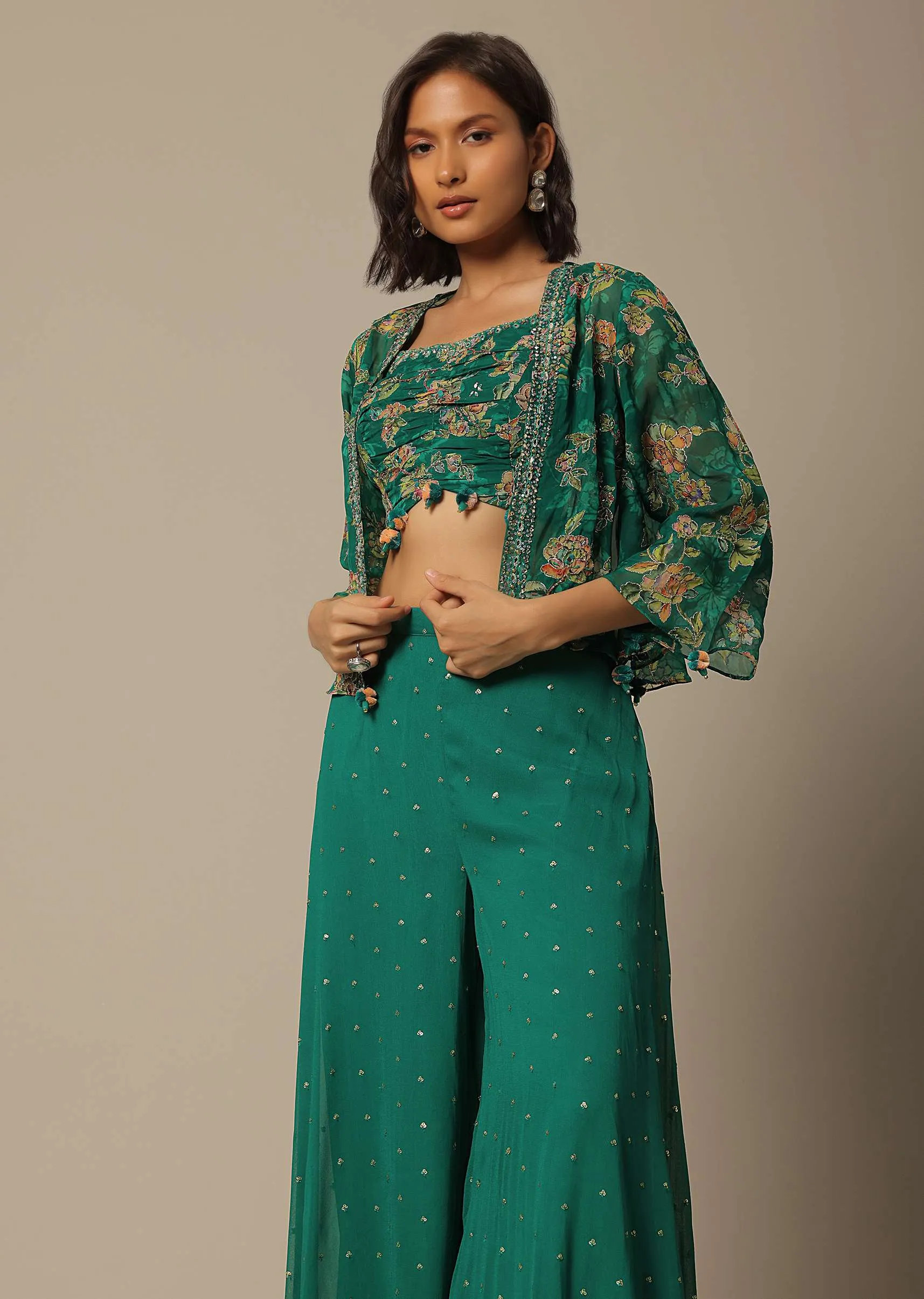 Green Crop Top Set With Sequin Embellishments