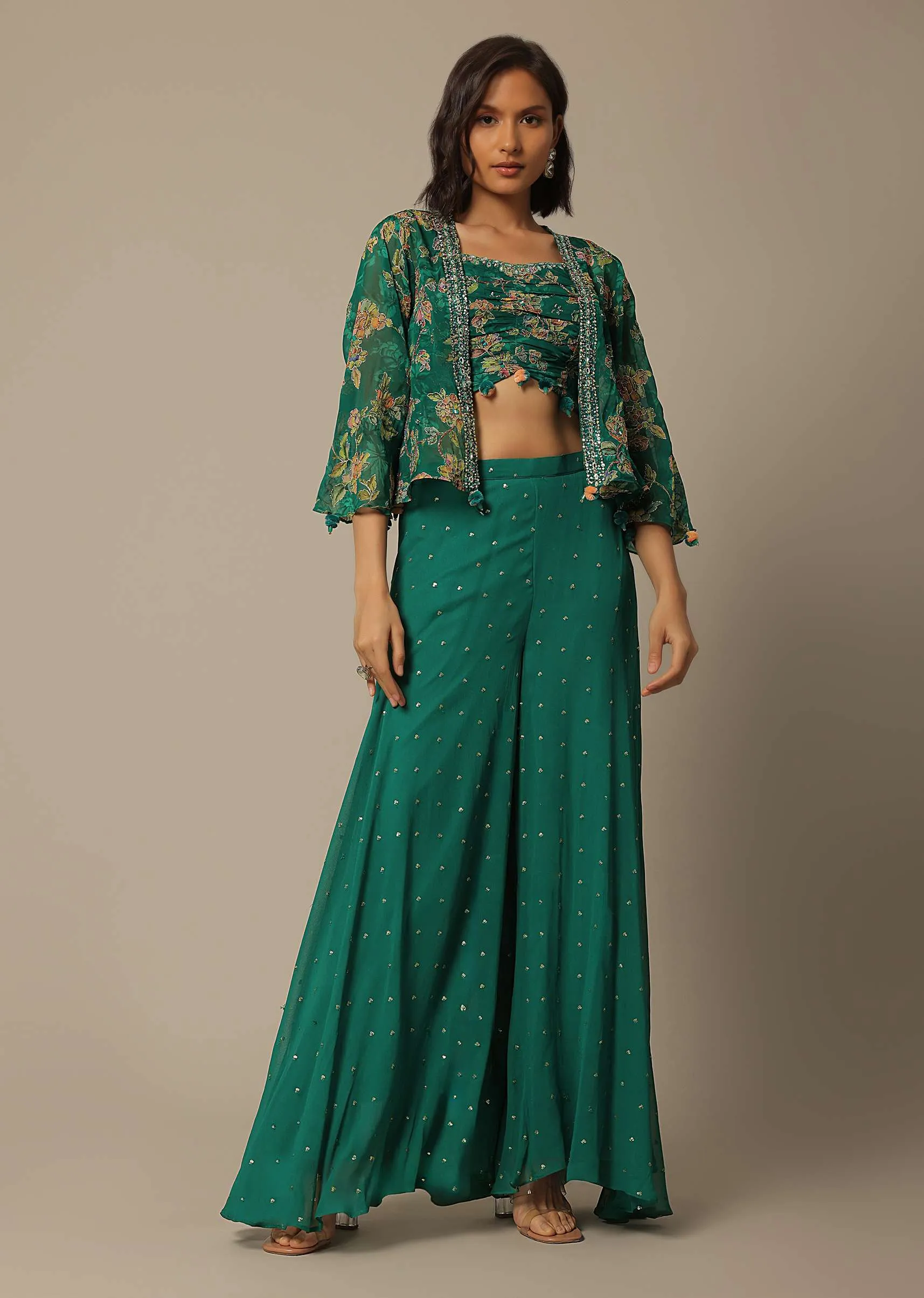 Green Crop Top Set With Sequin Embellishments