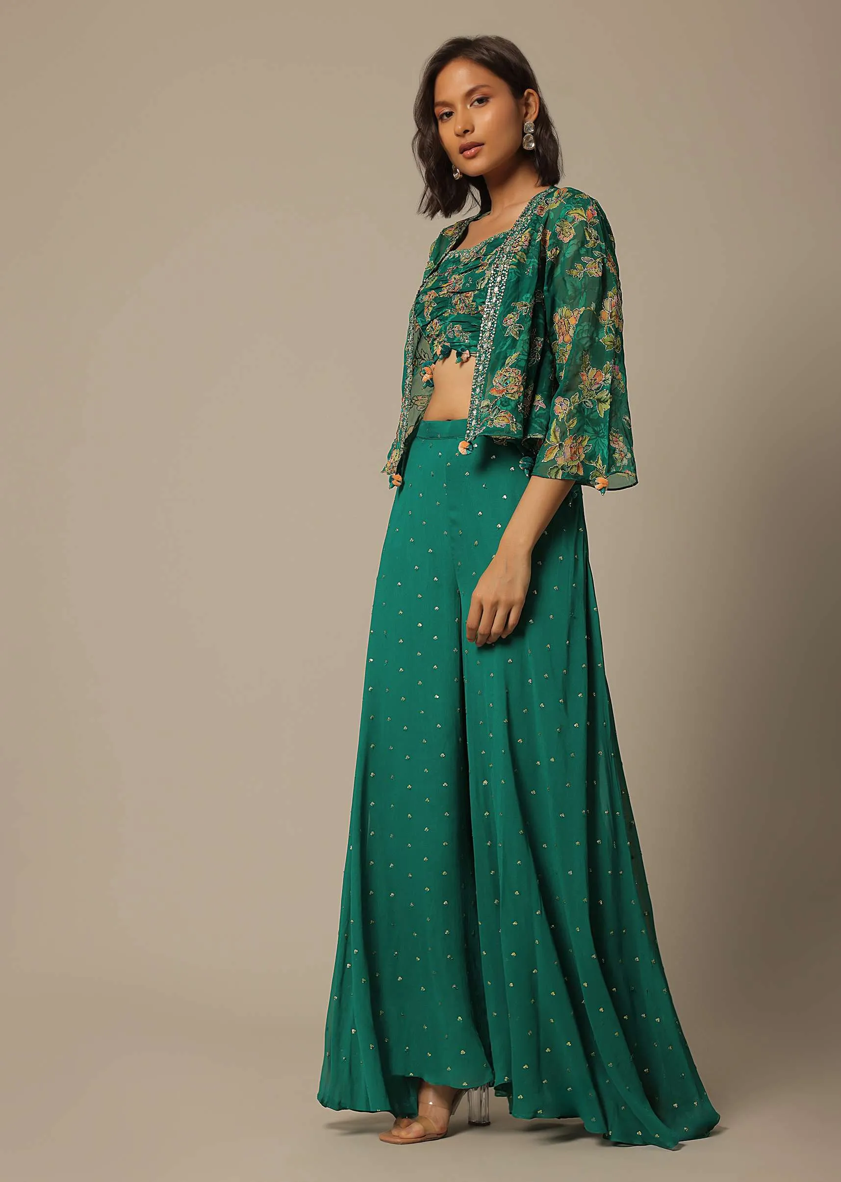 Green Crop Top Set With Sequin Embellishments