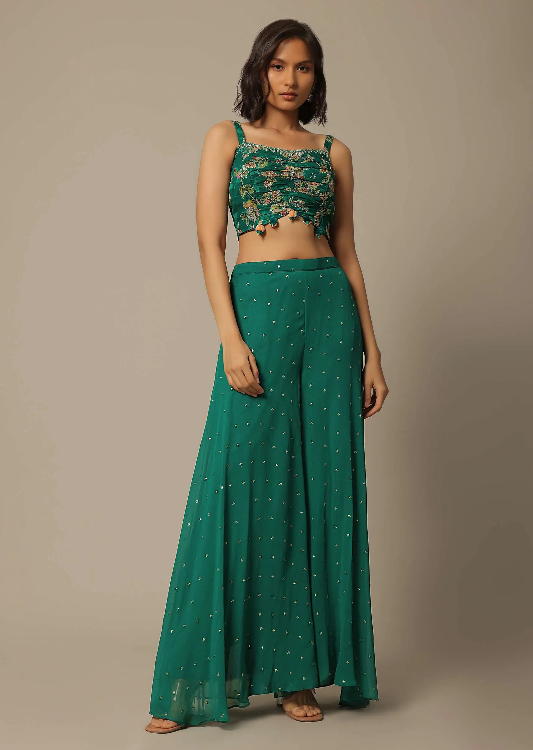 Green Crop Top Set With Sequin Embellishments