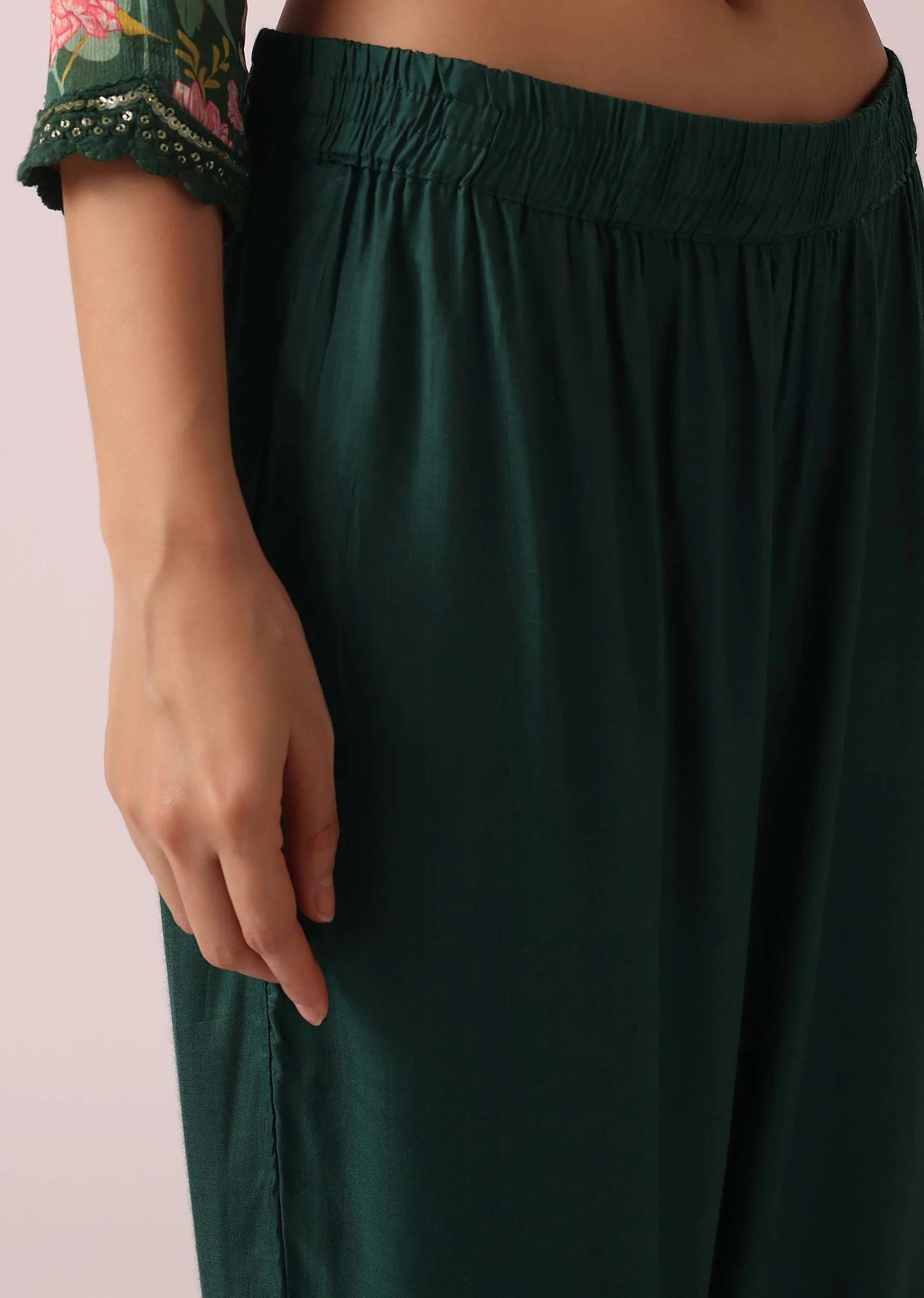 Green Floral Print Anarkali Set with Sequin Embellishments