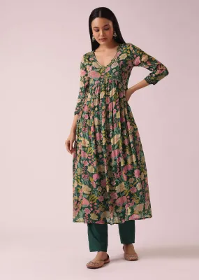 Green Floral Print Anarkali Set with Sequin Embellishments