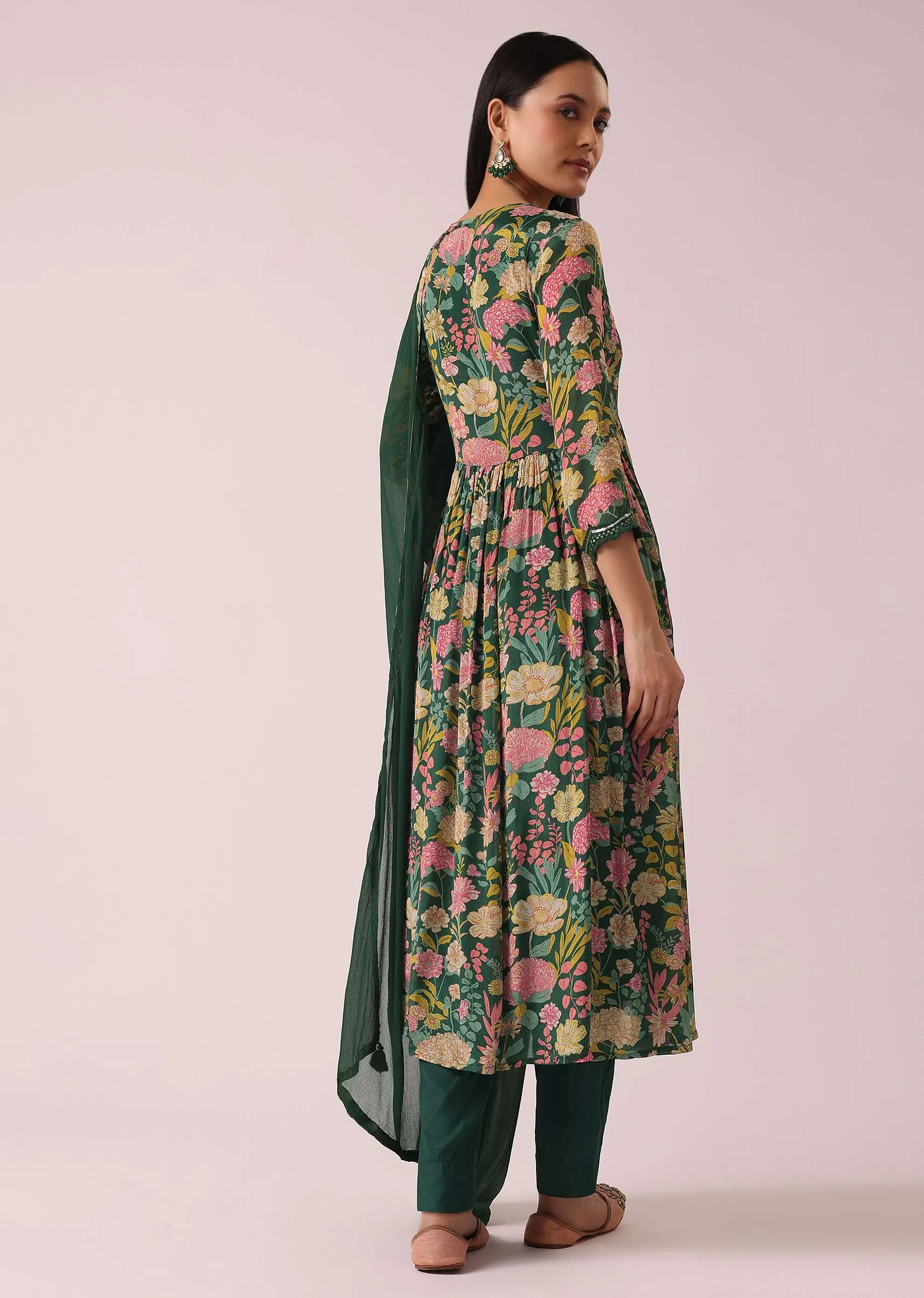 Green Floral Print Anarkali Set with Sequin Embellishments