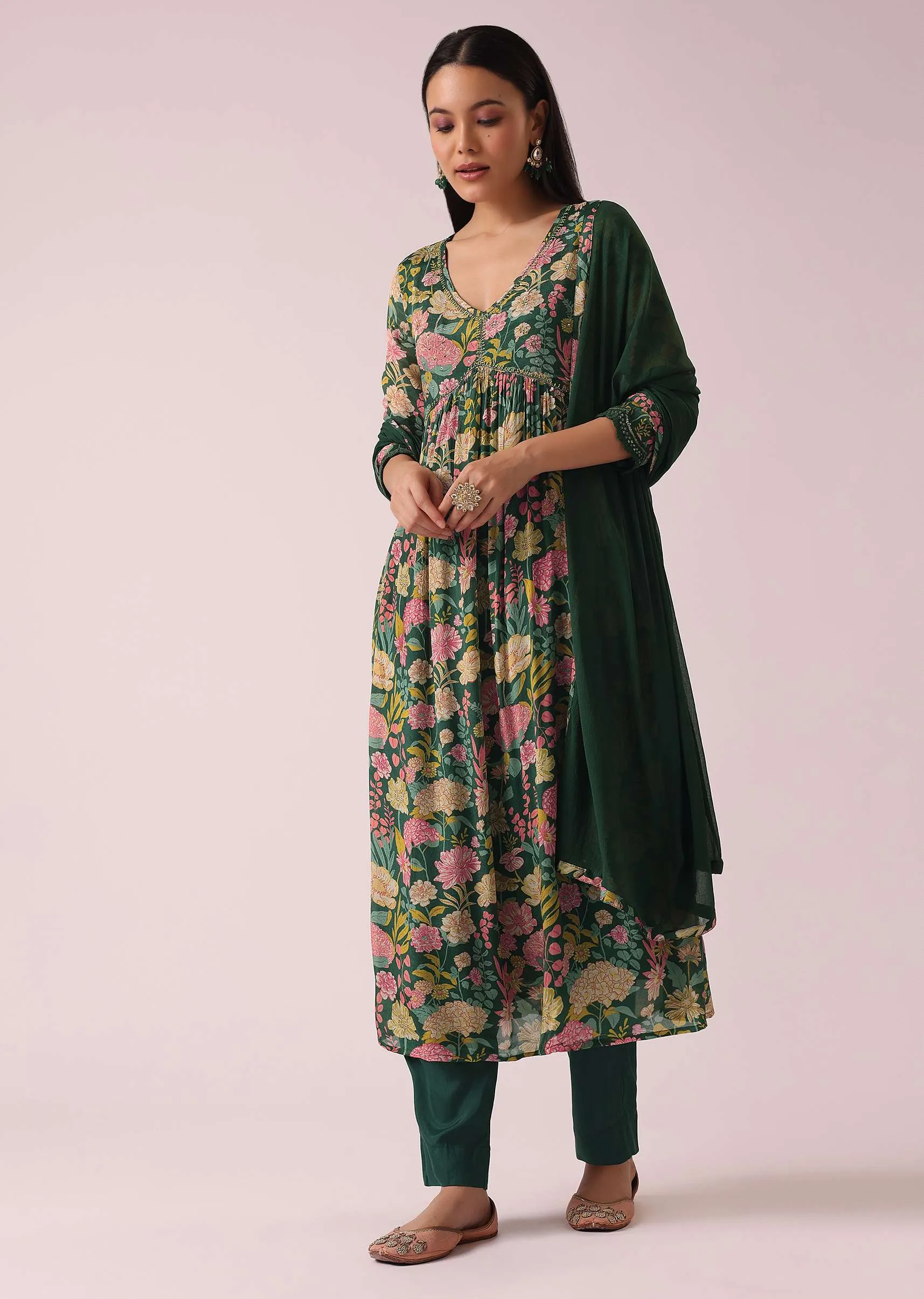 Green Floral Print Anarkali Set with Sequin Embellishments