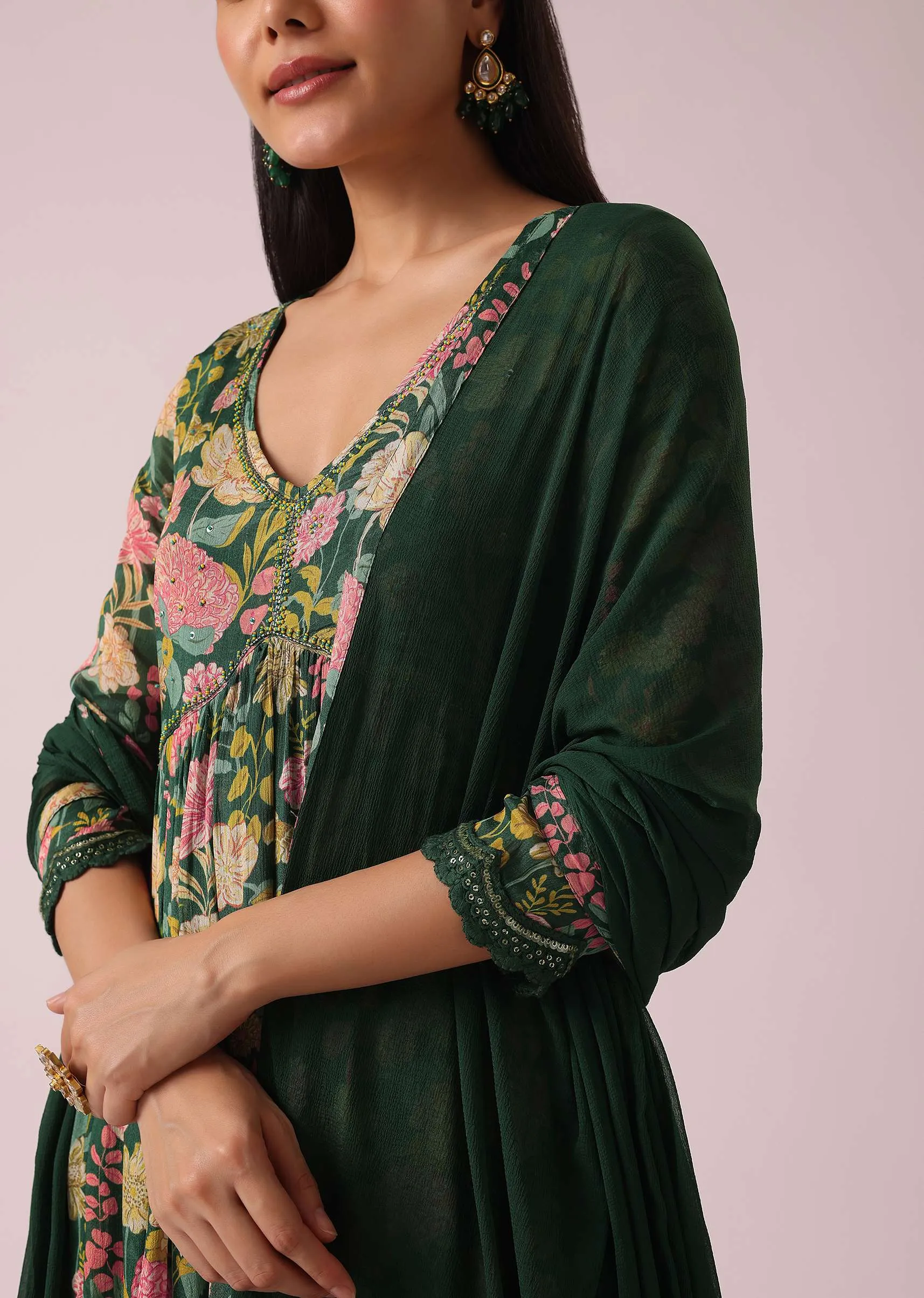 Green Floral Print Anarkali Set with Sequin Embellishments