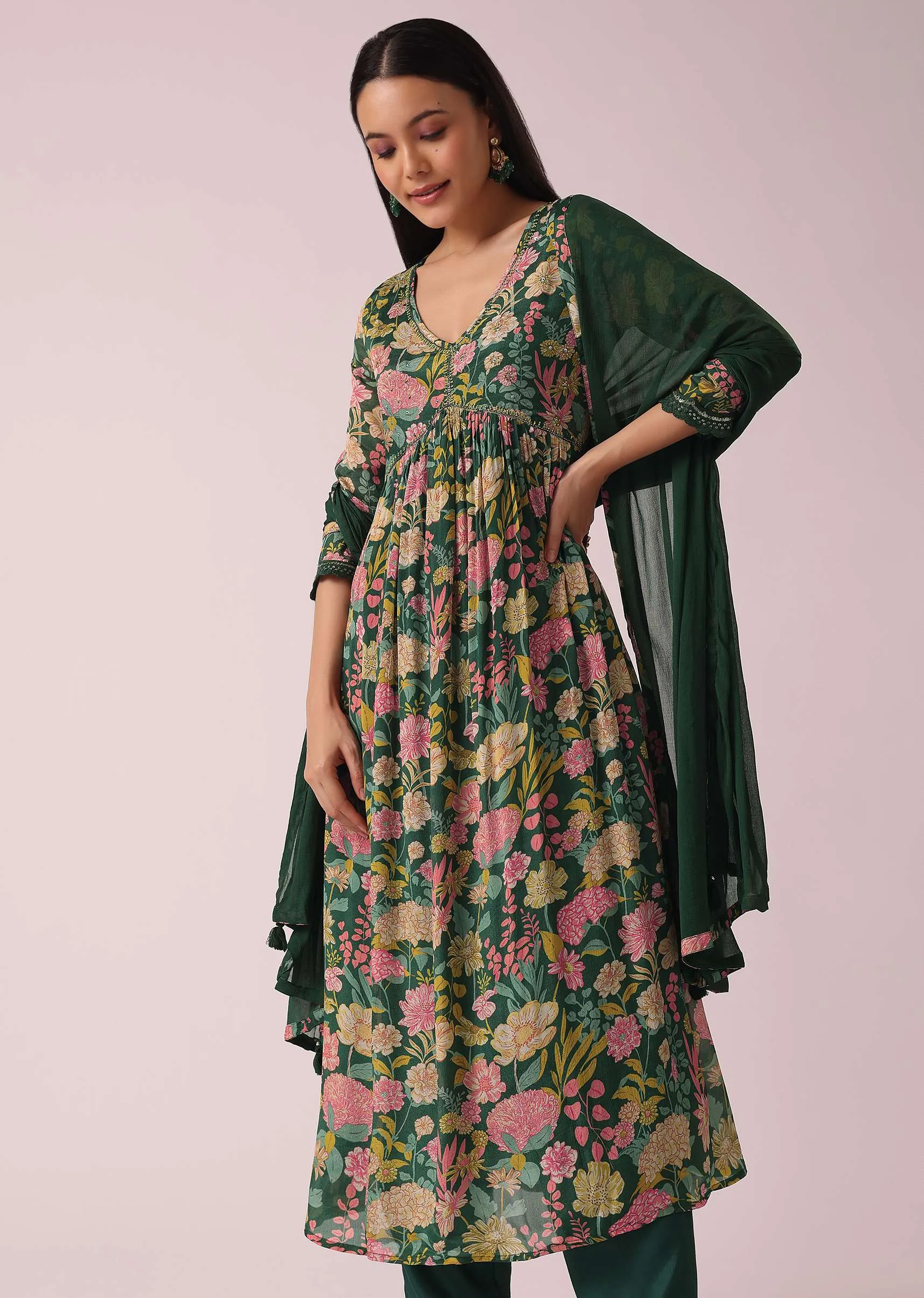 Green Floral Print Anarkali Set with Sequin Embellishments