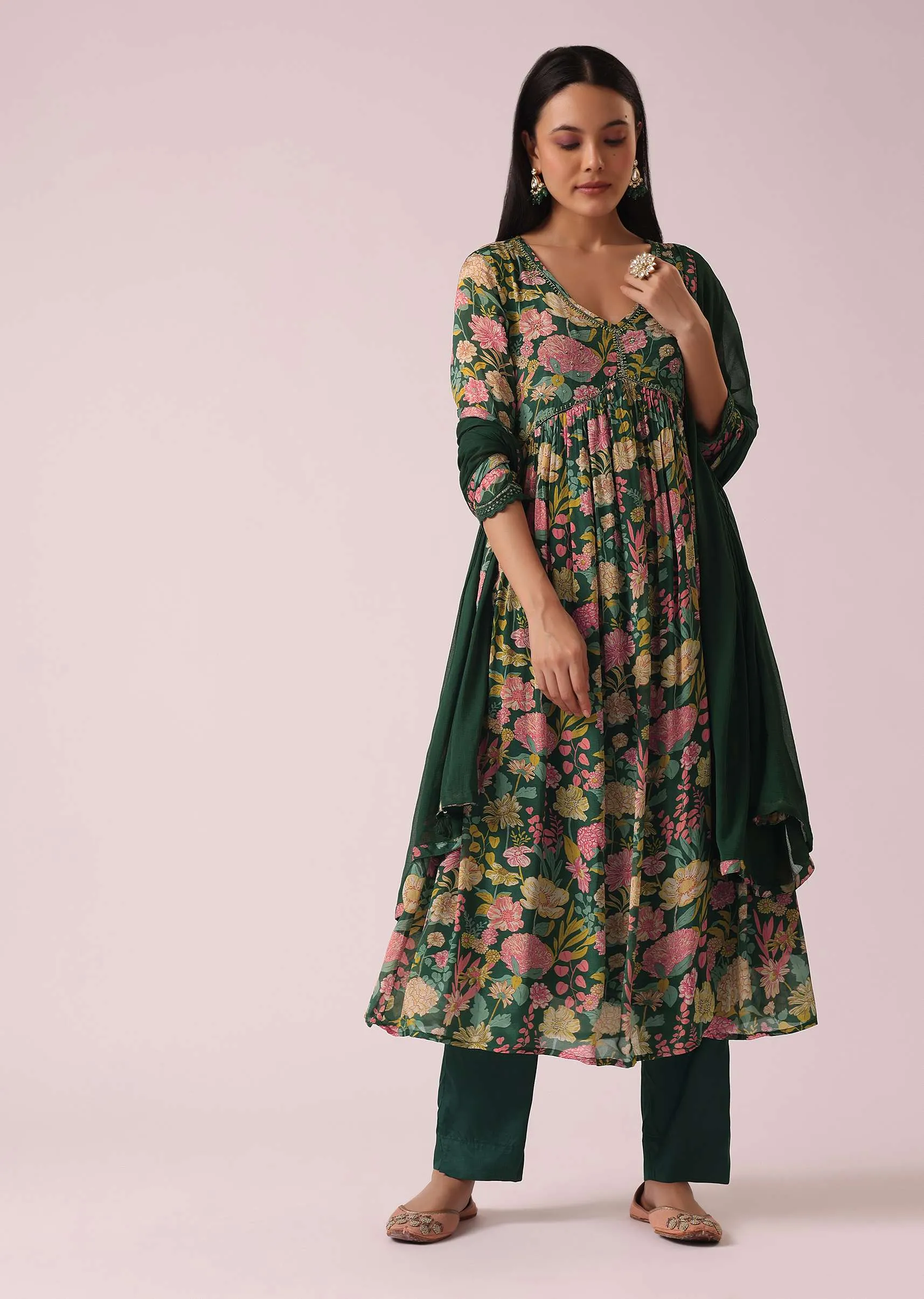 Green Floral Print Anarkali Set with Sequin Embellishments