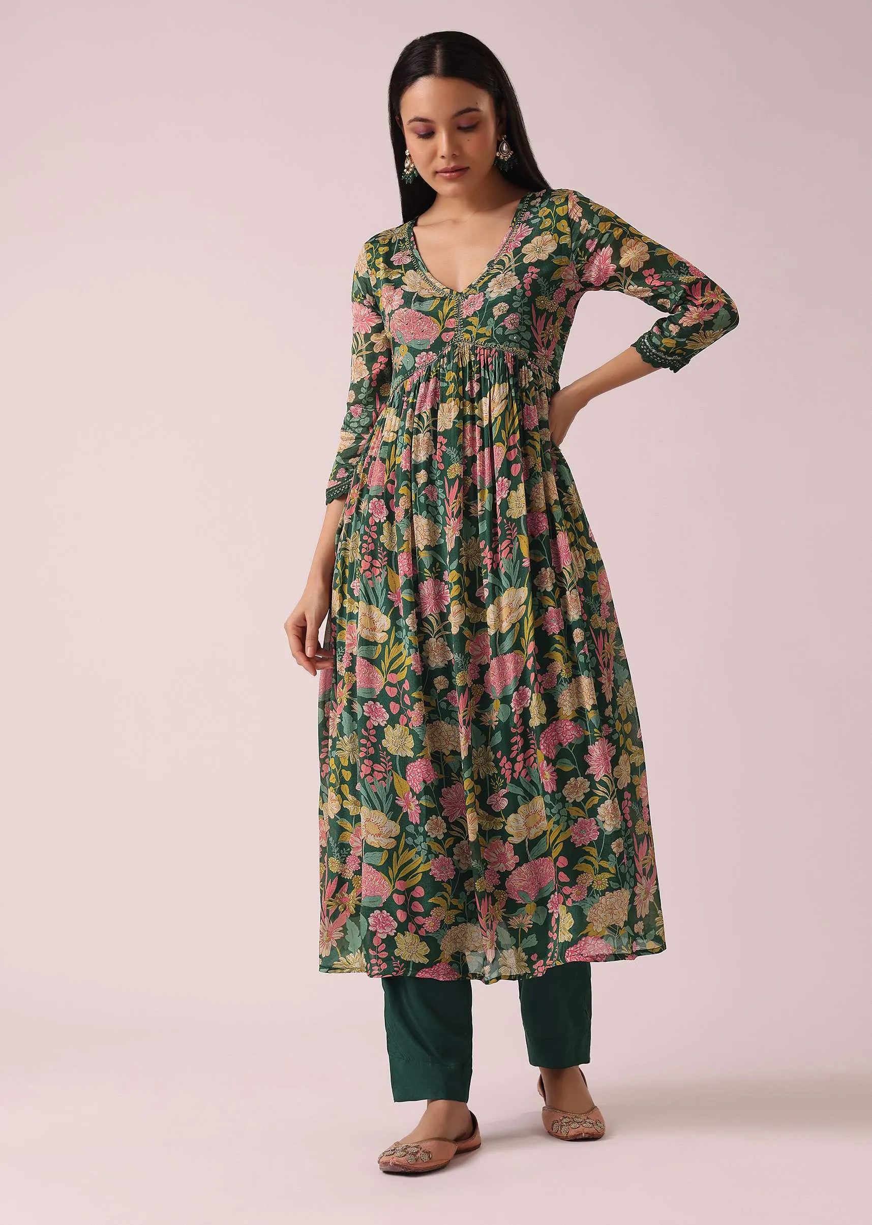 Green Floral Print Anarkali Set with Sequin Embellishments