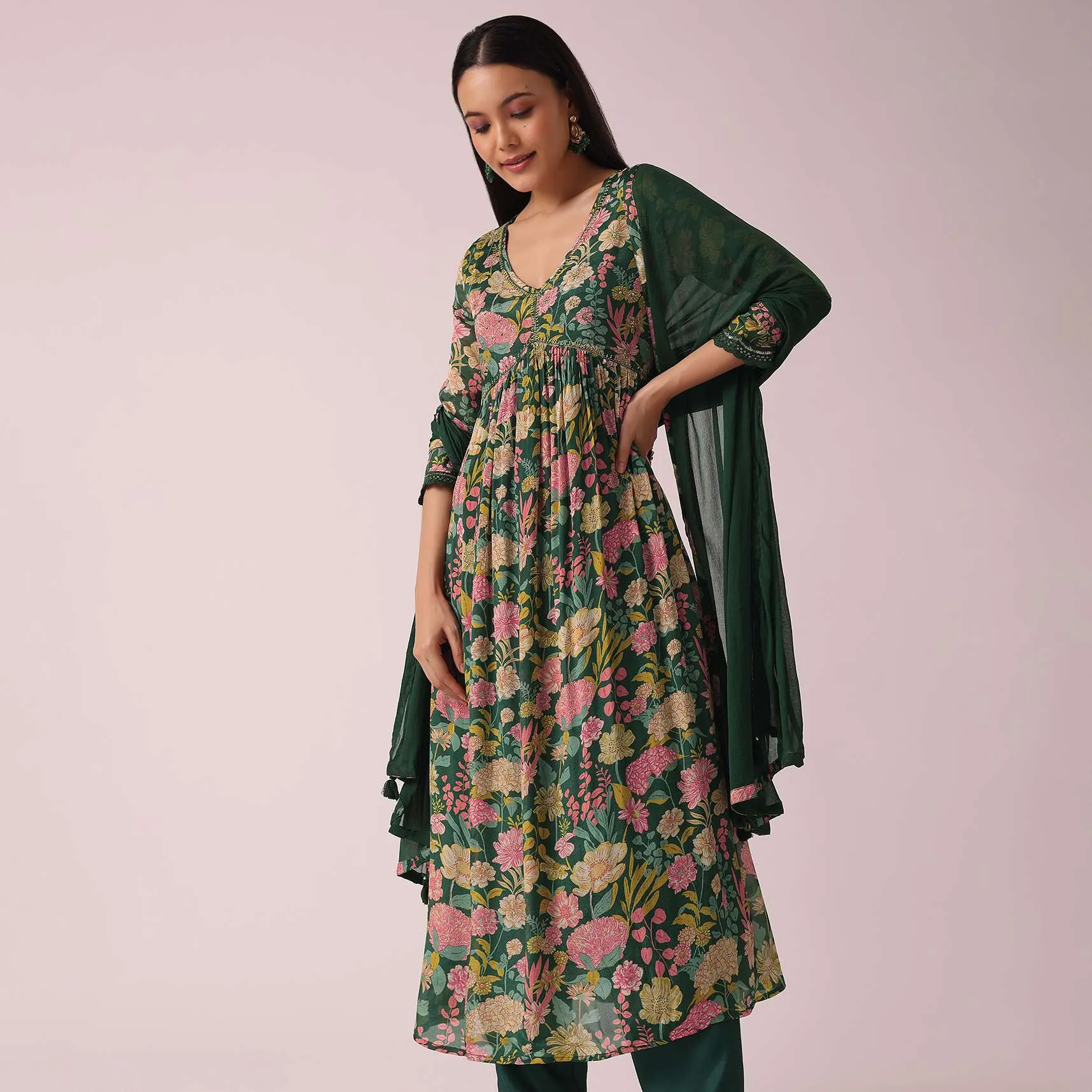 Green Floral Print Anarkali Set with Sequin Embellishments