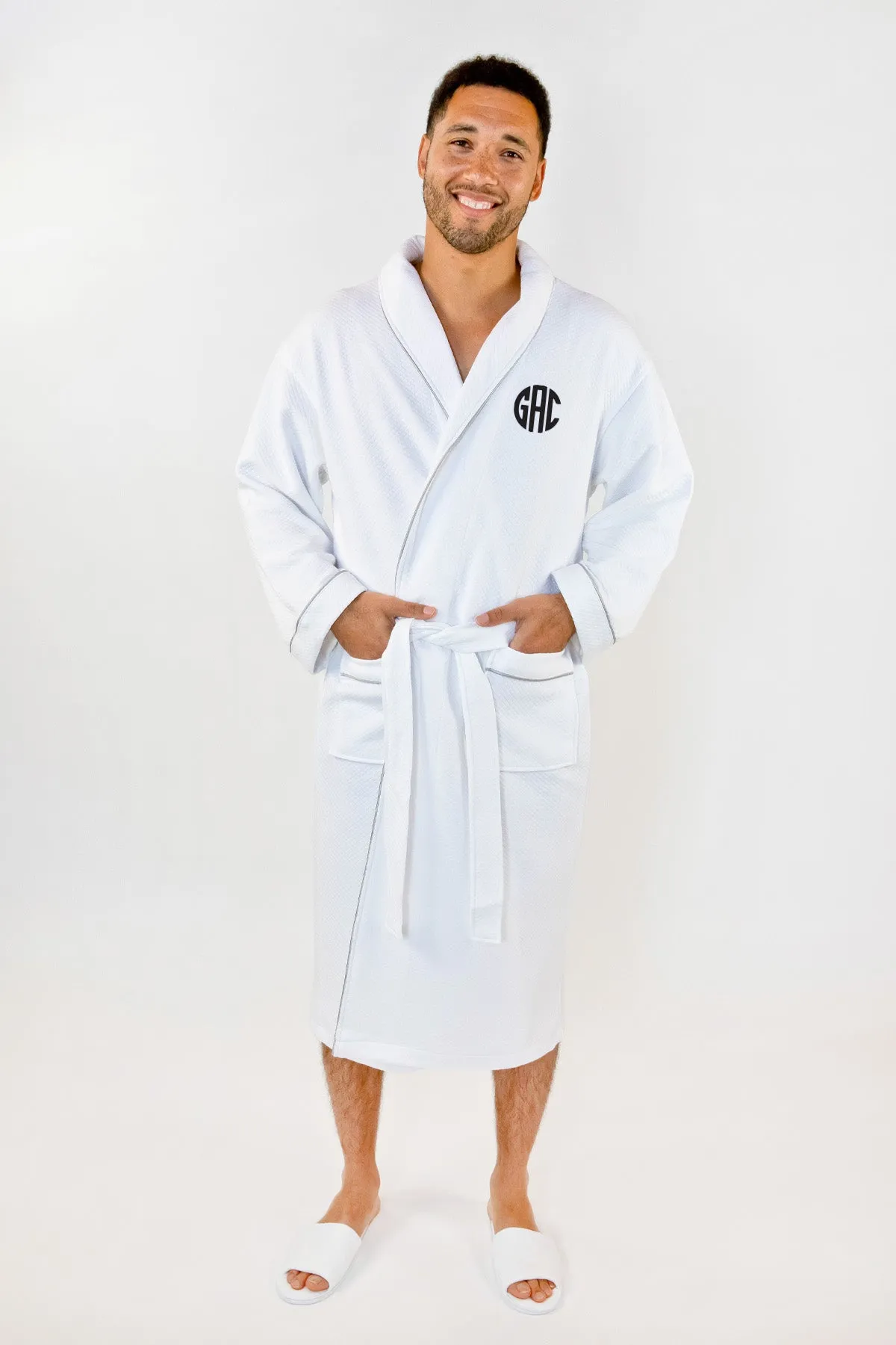 Grid Style Embroidered Bath Robe White Monogram Style 1