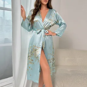 Ice Silk Pajamas Women Hotel Bathroom Lace Bathrobe Summer Breathable Thin Cherry Print Long Sleeve Nightgown