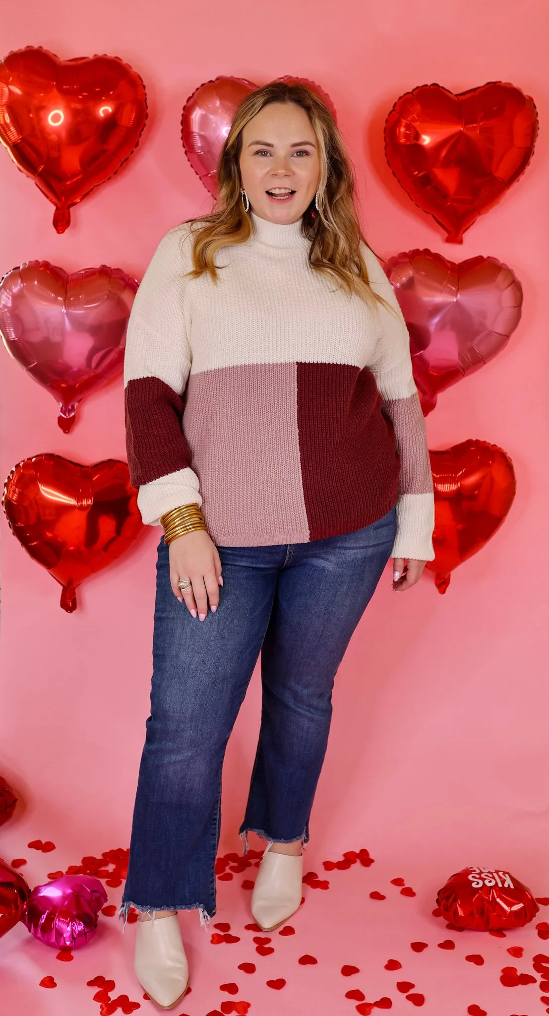 Just Warming Up Color Block Knit Pullover Sweater in Maroon and Mauve