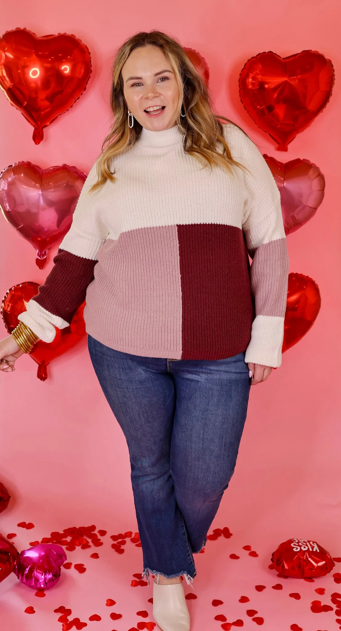Just Warming Up Color Block Knit Pullover Sweater in Maroon and Mauve
