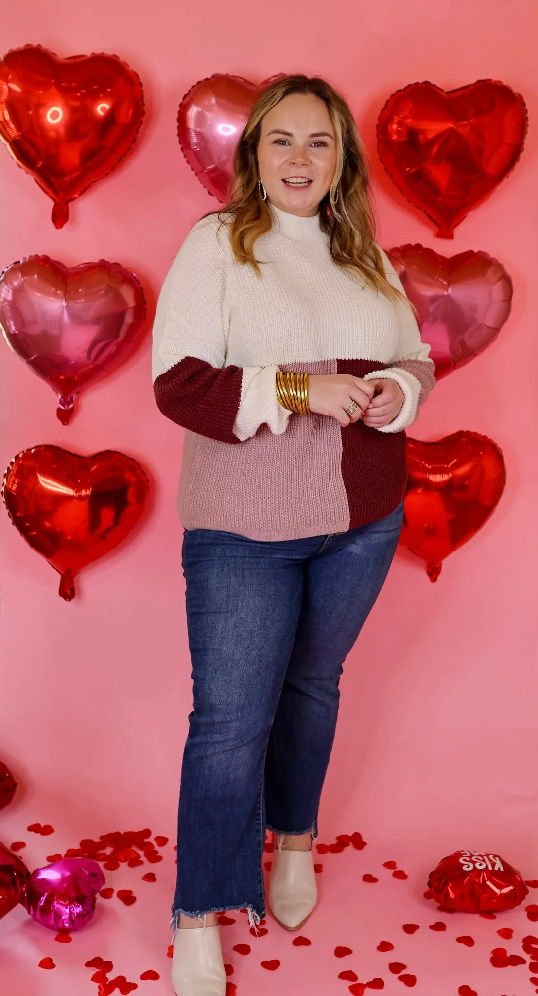 Just Warming Up Color Block Knit Pullover Sweater in Maroon and Mauve