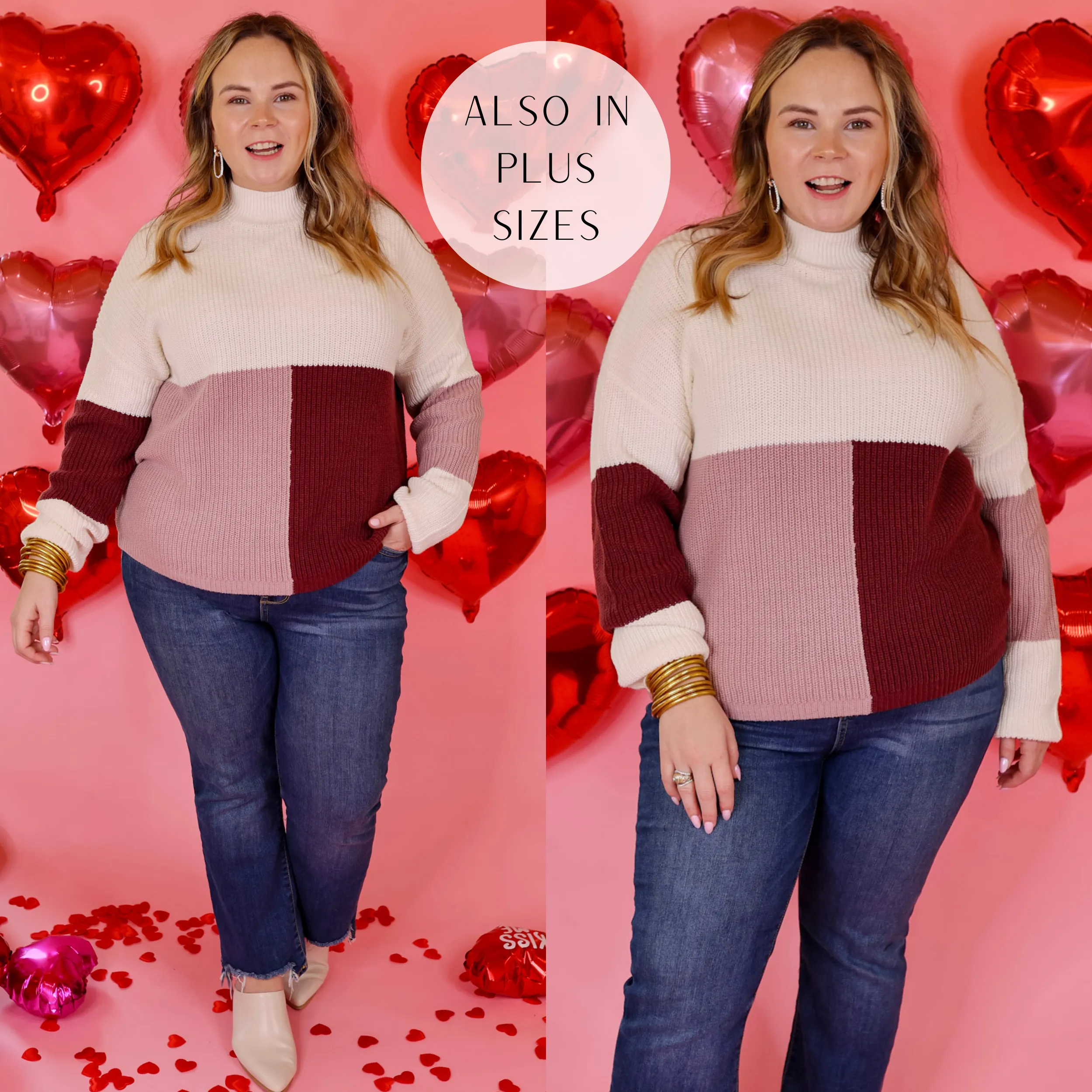 Just Warming Up Color Block Knit Pullover Sweater in Maroon and Mauve