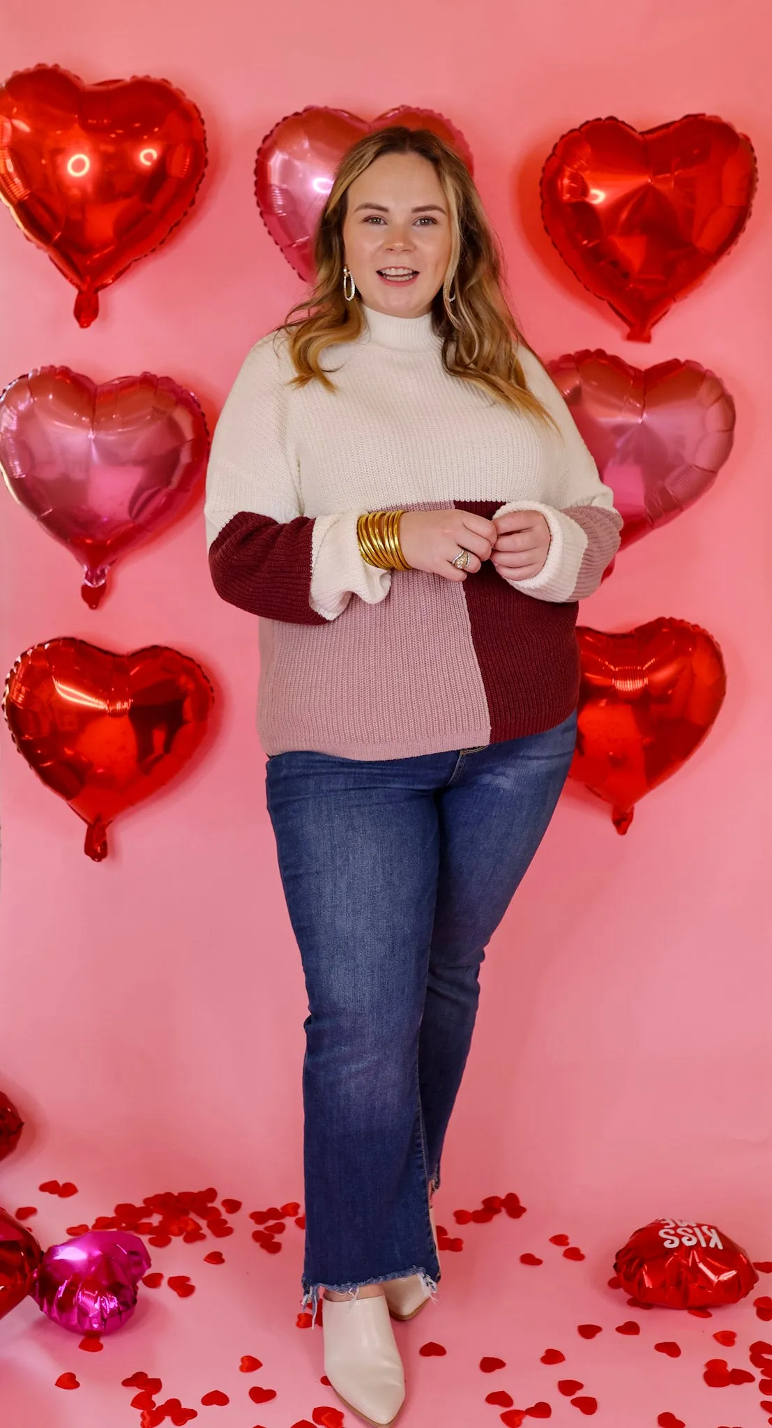 Just Warming Up Color Block Knit Pullover Sweater in Maroon and Mauve