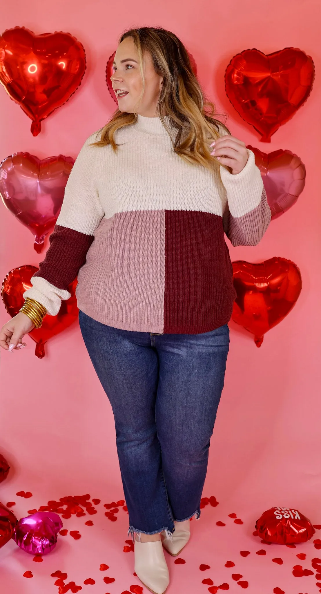 Just Warming Up Color Block Knit Pullover Sweater in Maroon and Mauve